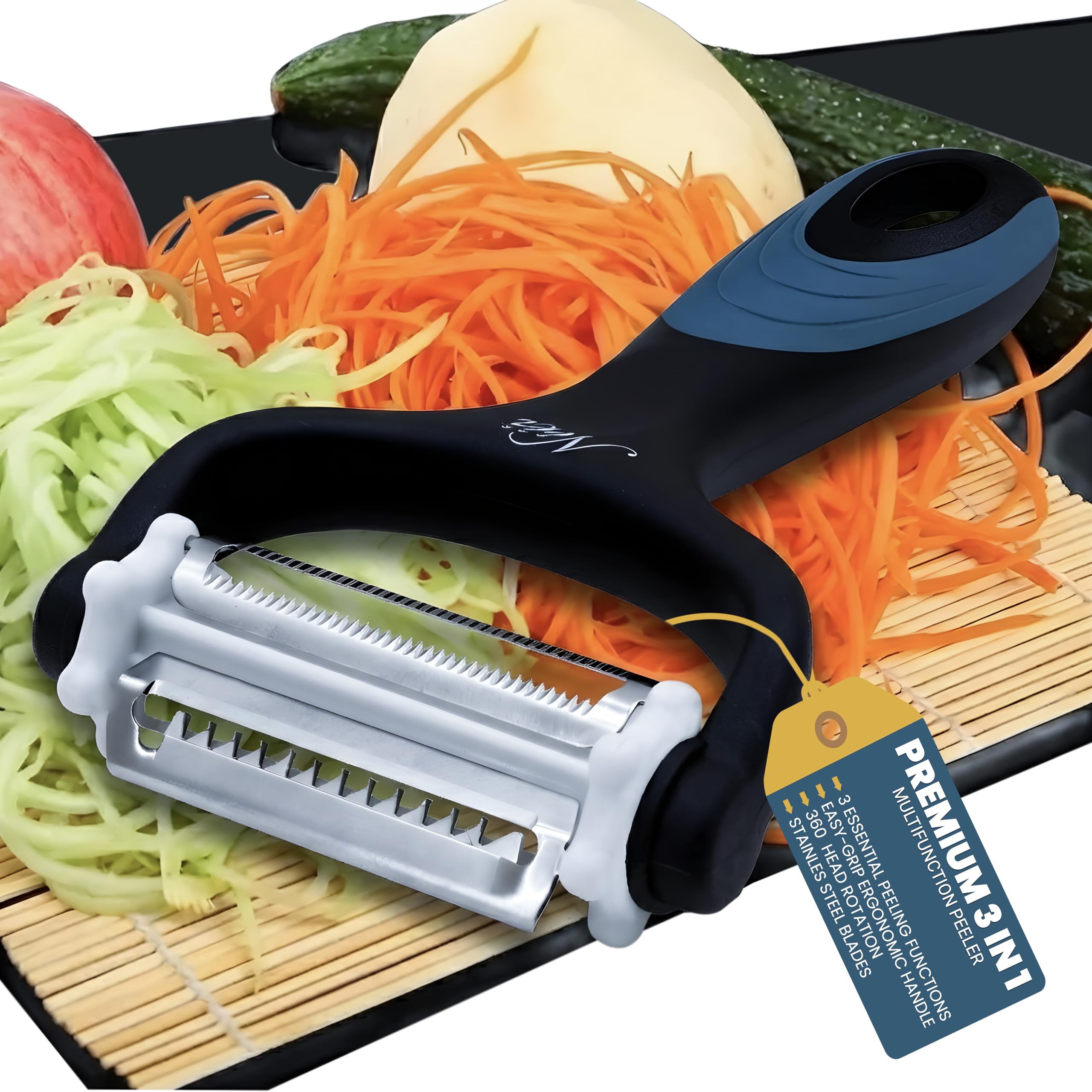 Pelapatate 3 In 1 Professionale - Sbucciafrutta E Verdura Con Lama Rotante 120° - Pelapatate Ergonomico Per Patate, Carote, Mele - Affilacoltelli Incluso - Bianco