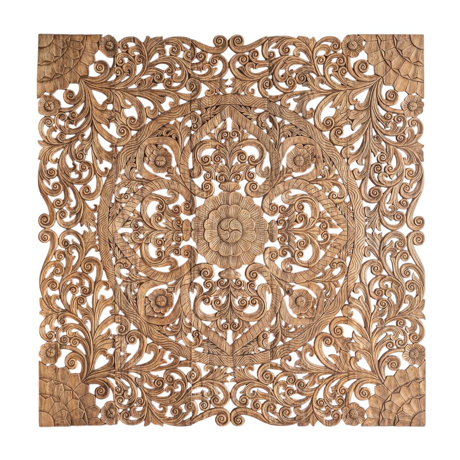 Boho Wood Carve Hanging Headboard, Texas King Size Back Bed, Wall Mounted Carving from Thailand, Brown Color, 80 inches