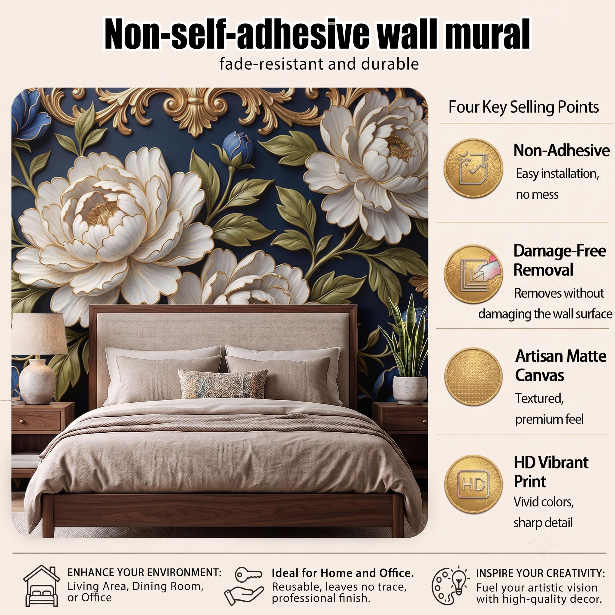 Papier Peint Panoramique Luxueux Relief De Pivoine Bleu Foncé 300X210Cm | Papier Peint Intissé Bordure De Plantes Élégante Décoration Murale Chambre, Fresque Murale Pour Salon Fond Tv