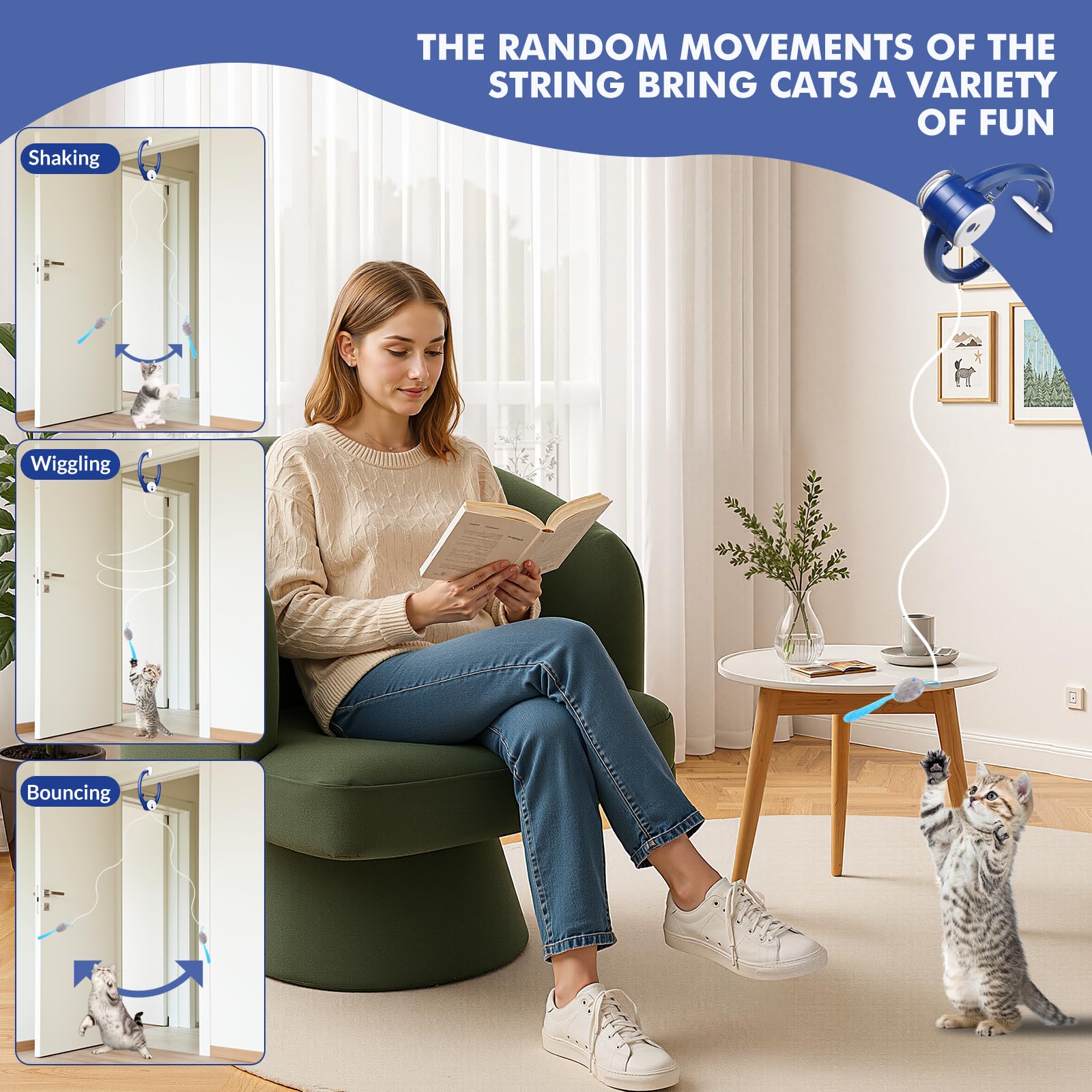 Wortade Juguetes interactivos para gatos recargables, juguete de plumas para gato de interior, juguete retráctil para colgar, juguete automático de ejercicio de persecución para gatitos con tres