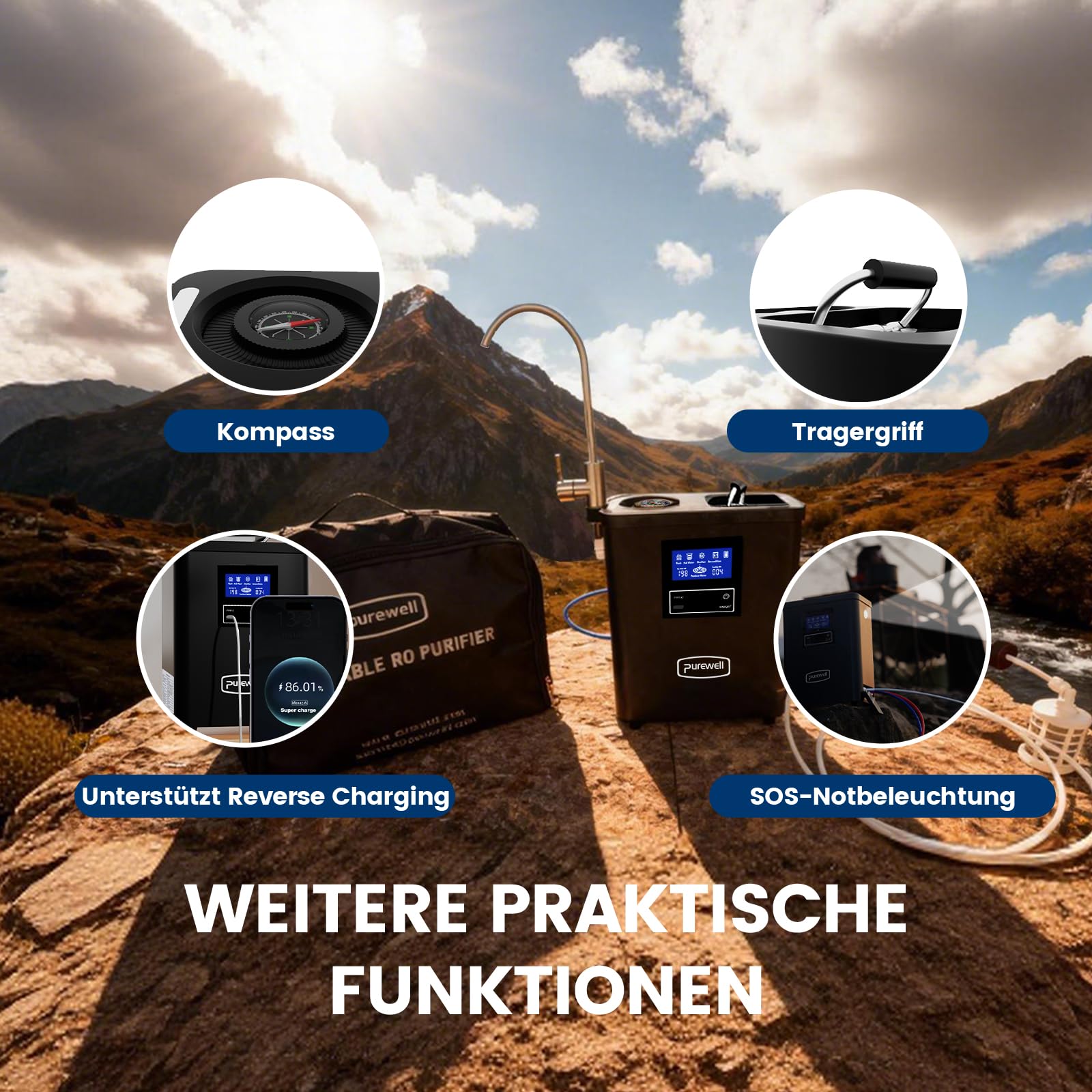 Purewell Tragbarer Wasserfilter RO - 10-Stufen Survival Wasserfilter mit UV, 95% Entsalzungsrate - Filtersystem für Camping, Wandern, Wohnmobil-Reisen & Notfall
