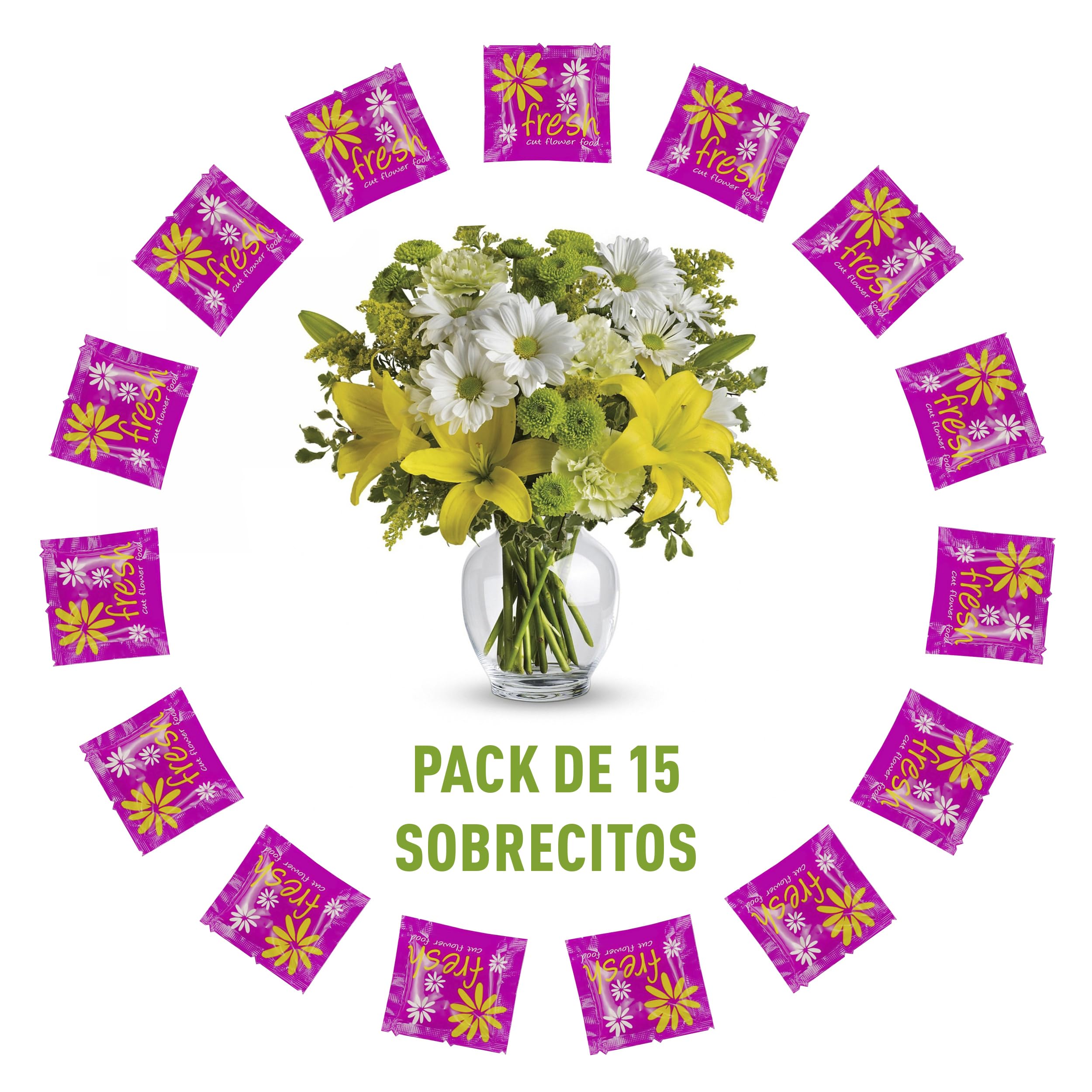 Pack de 15 Sobrecitos de Conservante Para Flor Cortada, Comida Para Flores Frescas Cortadas, 15 Paquetes de Conservante Total, 7.5L de Conservante Líquido