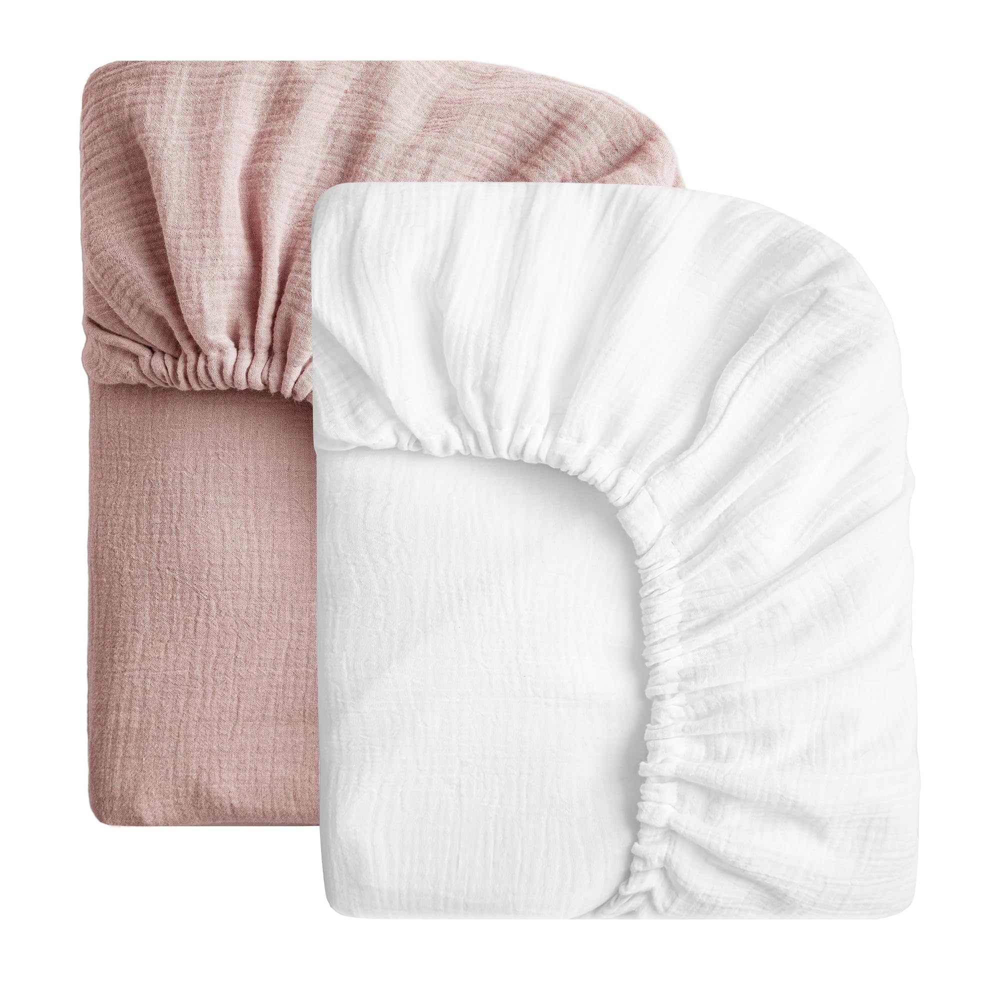 SOULFUL Mini Muslin Crib Sheets for Boys Girls, 2 Pack Soft and Breathable Cotton Fitted Crib Sheets for Standard Crib Mattress (24"x 38", White &amp; Dusty Rose)
