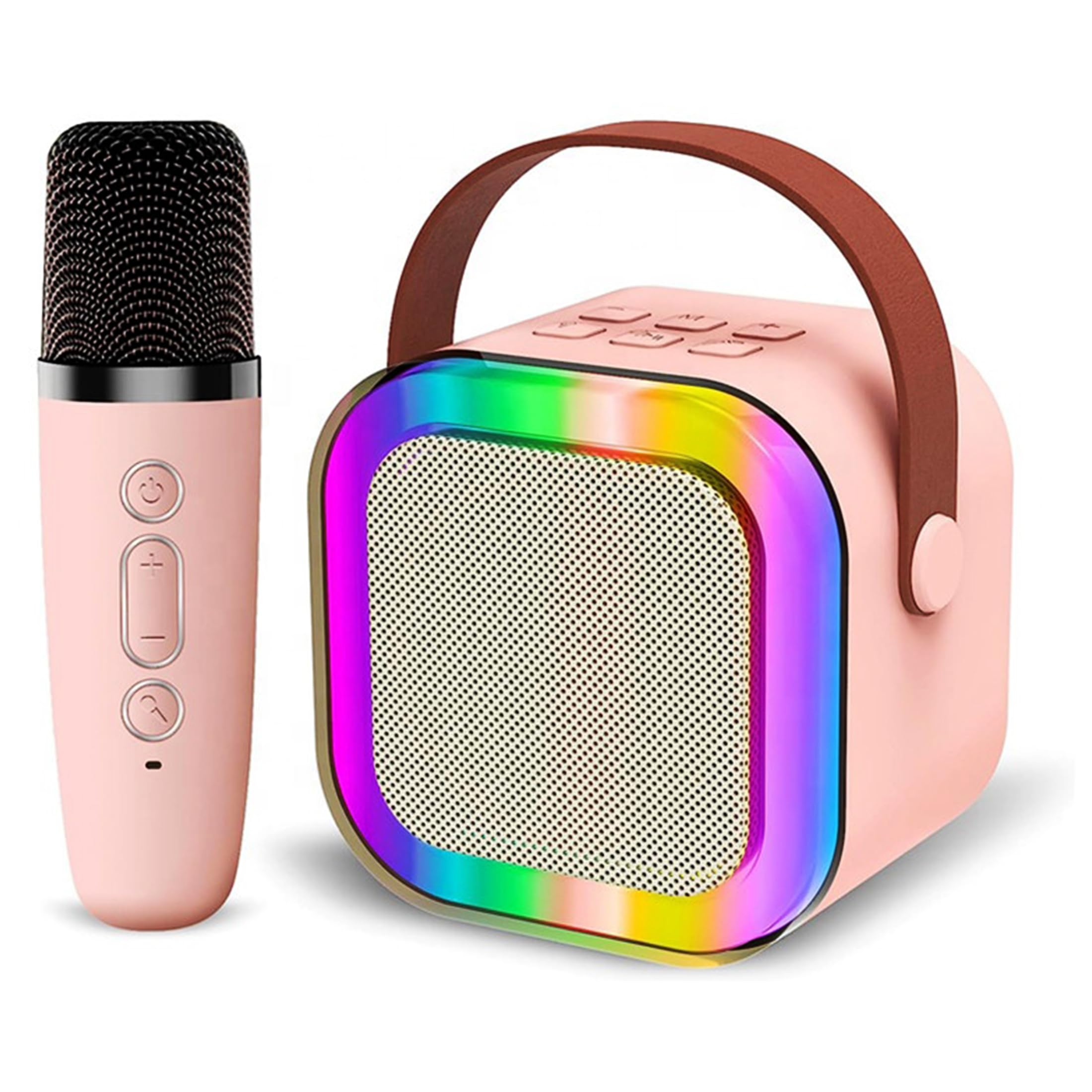 ECO SHINE Karaoke Mini Portable Bluetooth Speaker for Kids or Adults with 2 Bluetooth Wireless Microphones, Colorful Lights, Ideal Birthday (Pink, Single Mic)
