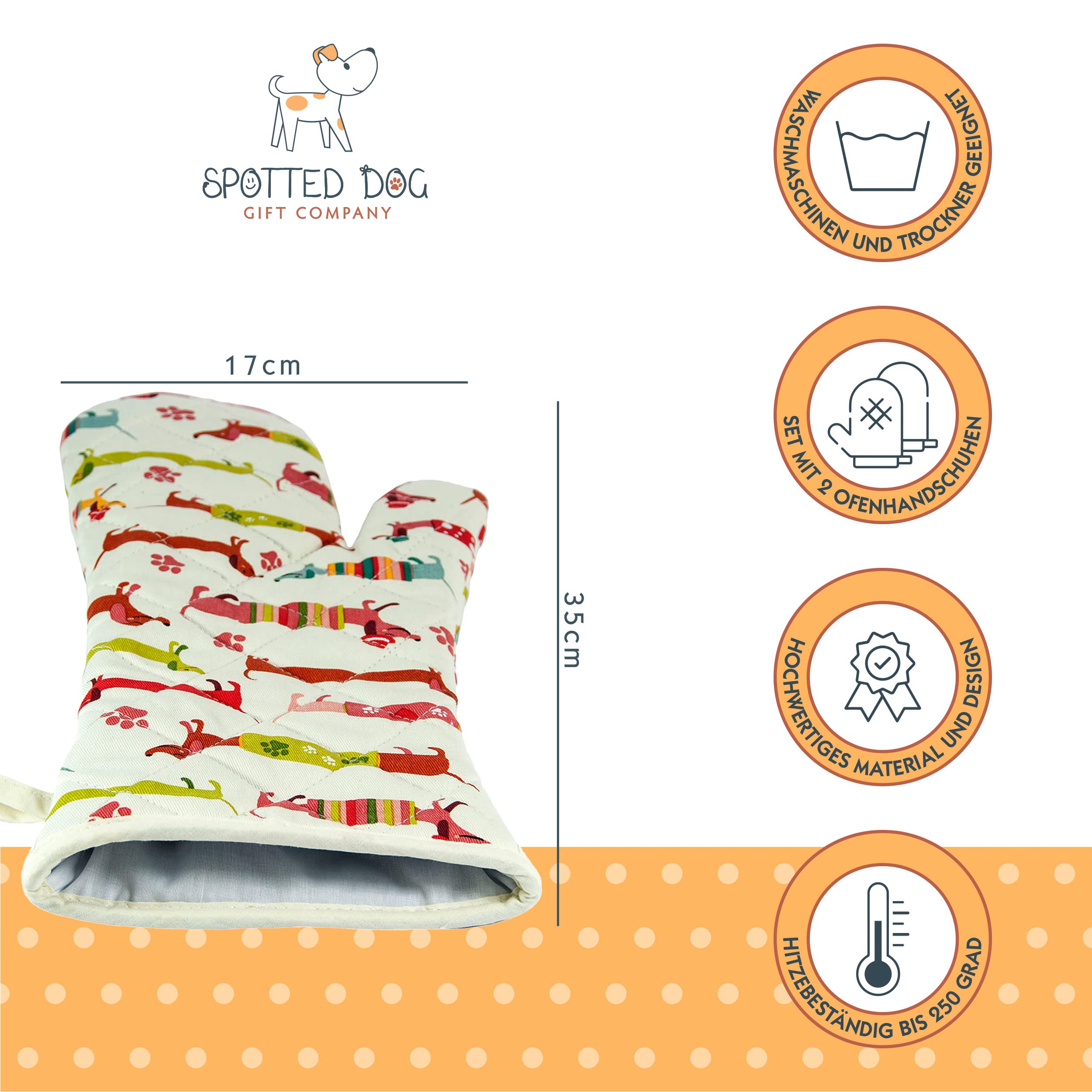 SPOTTED DOG GIFT COMPANY - 2 Set Hitzebeständig Lange Ofenhandschuhe Hitzeresistente Topflappen Backhandschuhe aus Qualitäts Baumwolle mit Süß Dachshund Dackel Hund-Motiv für Hundeliebhaber Geschenk