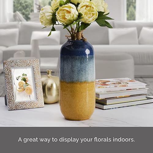 Miniatura 4 de Elements Jarrón de cerámica azul y tostado, para uso con flores secas o sintéticas, 5.71 x 5.71 x 12.2 pulgadas