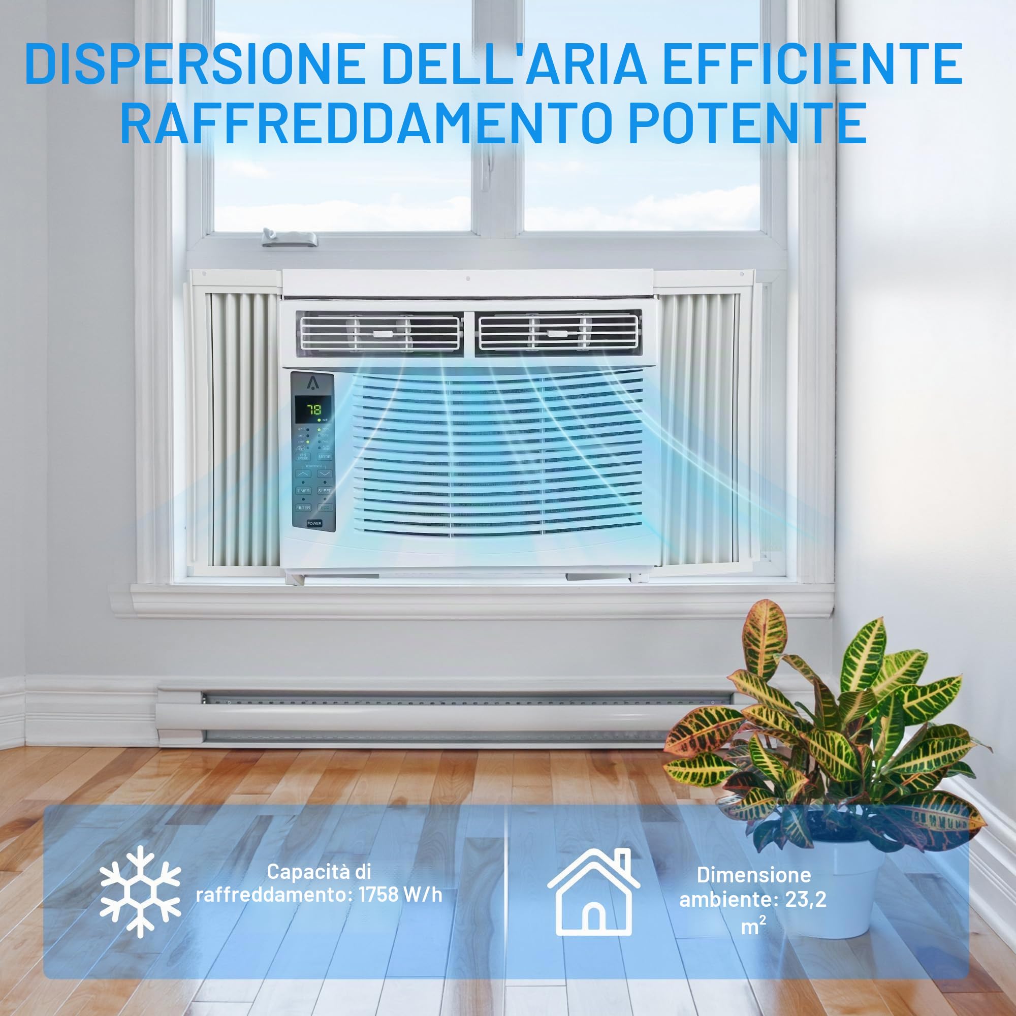 Condizionatore per finestra da 6000 BTU, raffredda fino a 250 metri quadrati con raffreddamento, deumidificatore, 3 velocità del ventilatore, unità di condizionamento per finestra