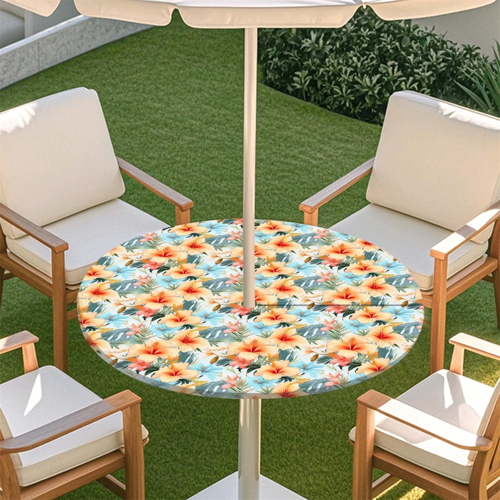 Muiuou Elastic Edge Fitted Round Tablecloth Protector Waterproof Outdoor Circle Tablecloth with Parasol Hole and Zipper, Wipe Clean Table Cover for Garden BBQ Party (Style 17,L(45-54inch)) — image 1