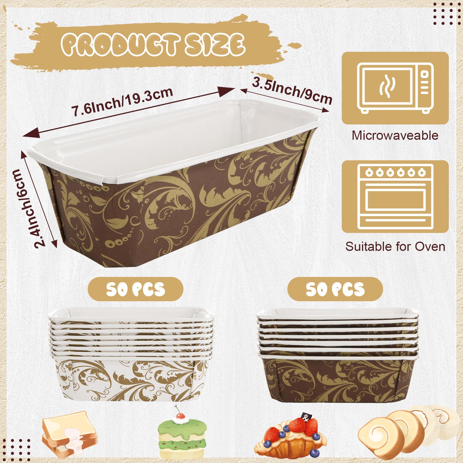 WOPPLXY 100 Stück Papier-Kastenformen, 19 x 8,9 x 6,1 cm, Einweg-Papier-Backformen, rechteckige Papier-Backform für Brot, Kuchen, Bäckerei, mikrowellengeeignet, gefriergeeignet (Weiß, Kaffee)