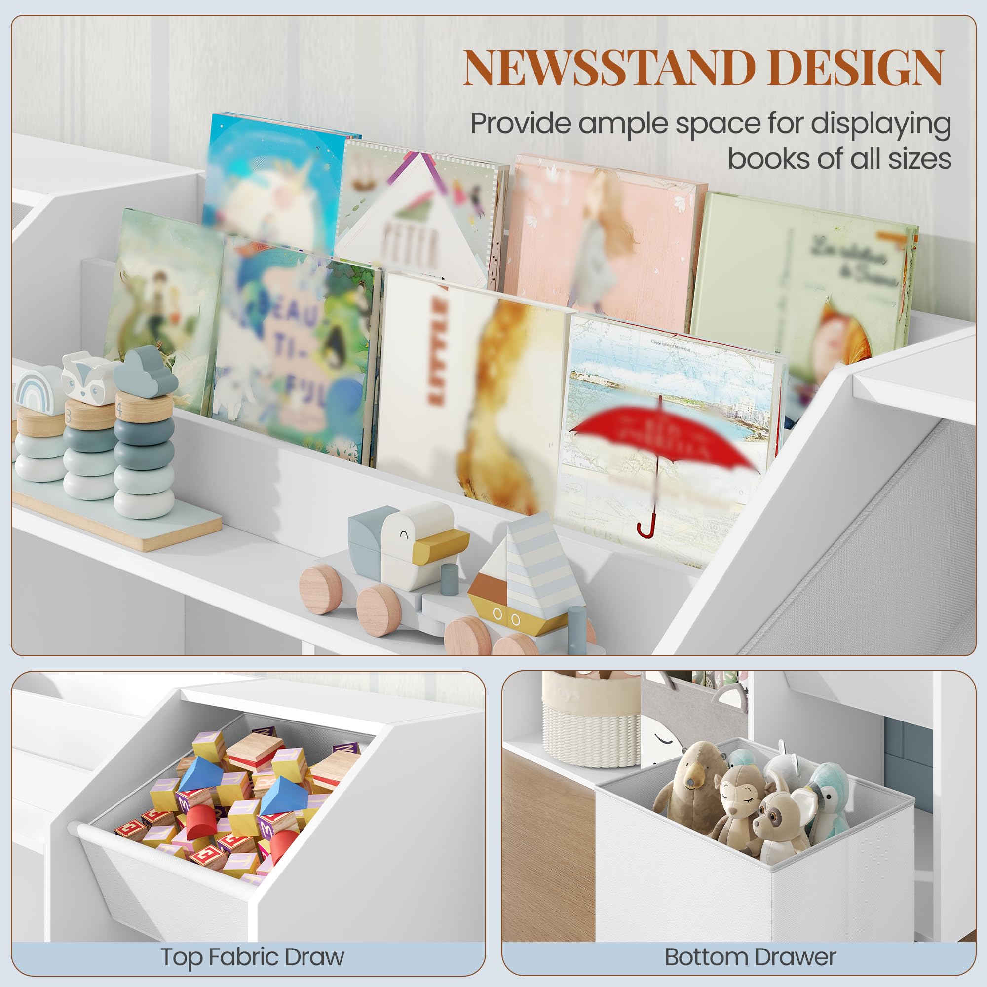 HEXCELEN Meuble Rangement Enfant, Bibliothèque Enfant, Étagère à Jouets 8 Boîtes en Non-tissé, pour Chambre d'enfant, Salons, Bureau, 30 x 130 x 100 cm, Blanc