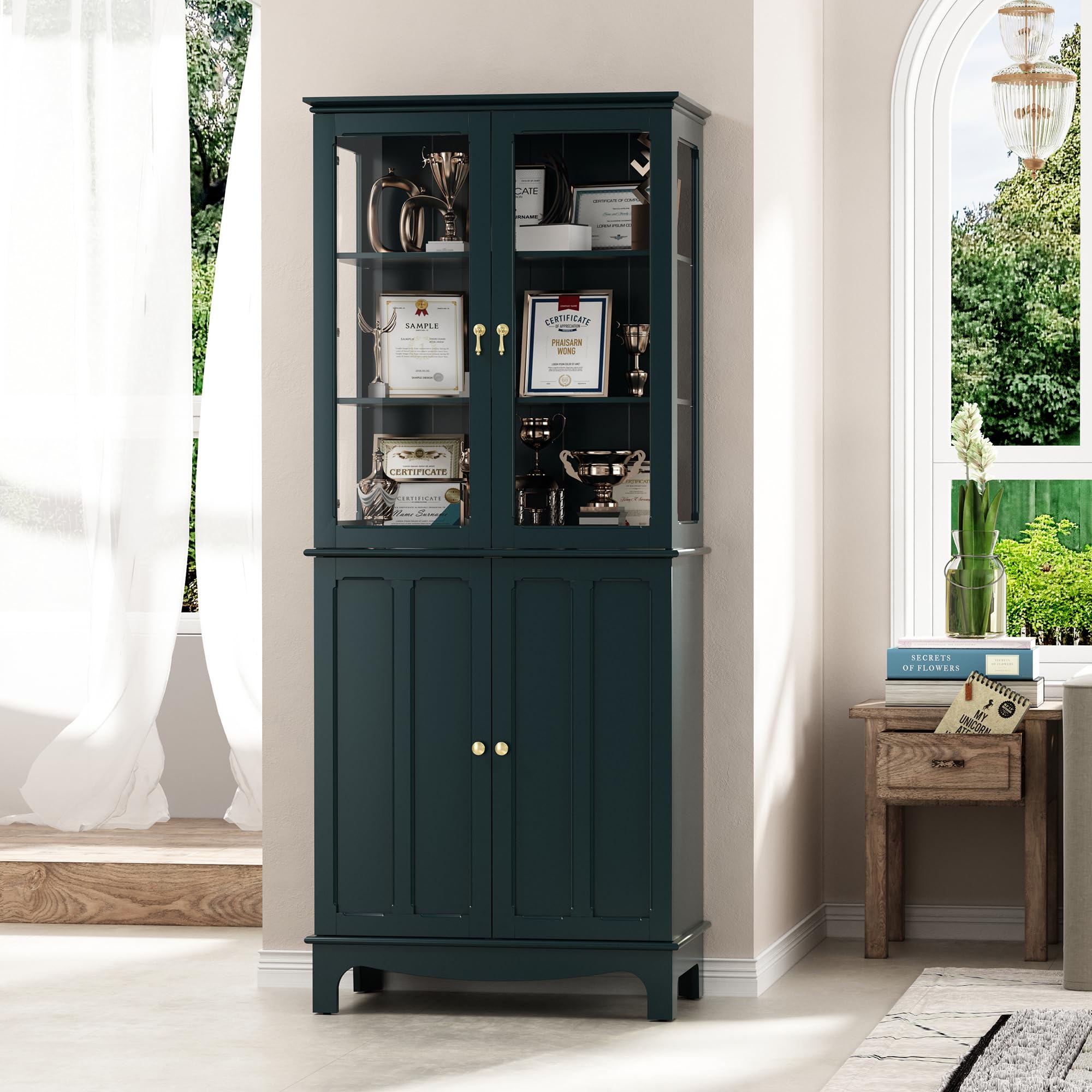 HOLTICO Vetrina Espositiva Soggiorno, Armadio Cucina Indipendente con Ante in Vetro e Legno, Cristalliera Classica con Ripiani Regolabili, Mobili Cucina per Collezionismo, Cucina e Soggiorno, verde
