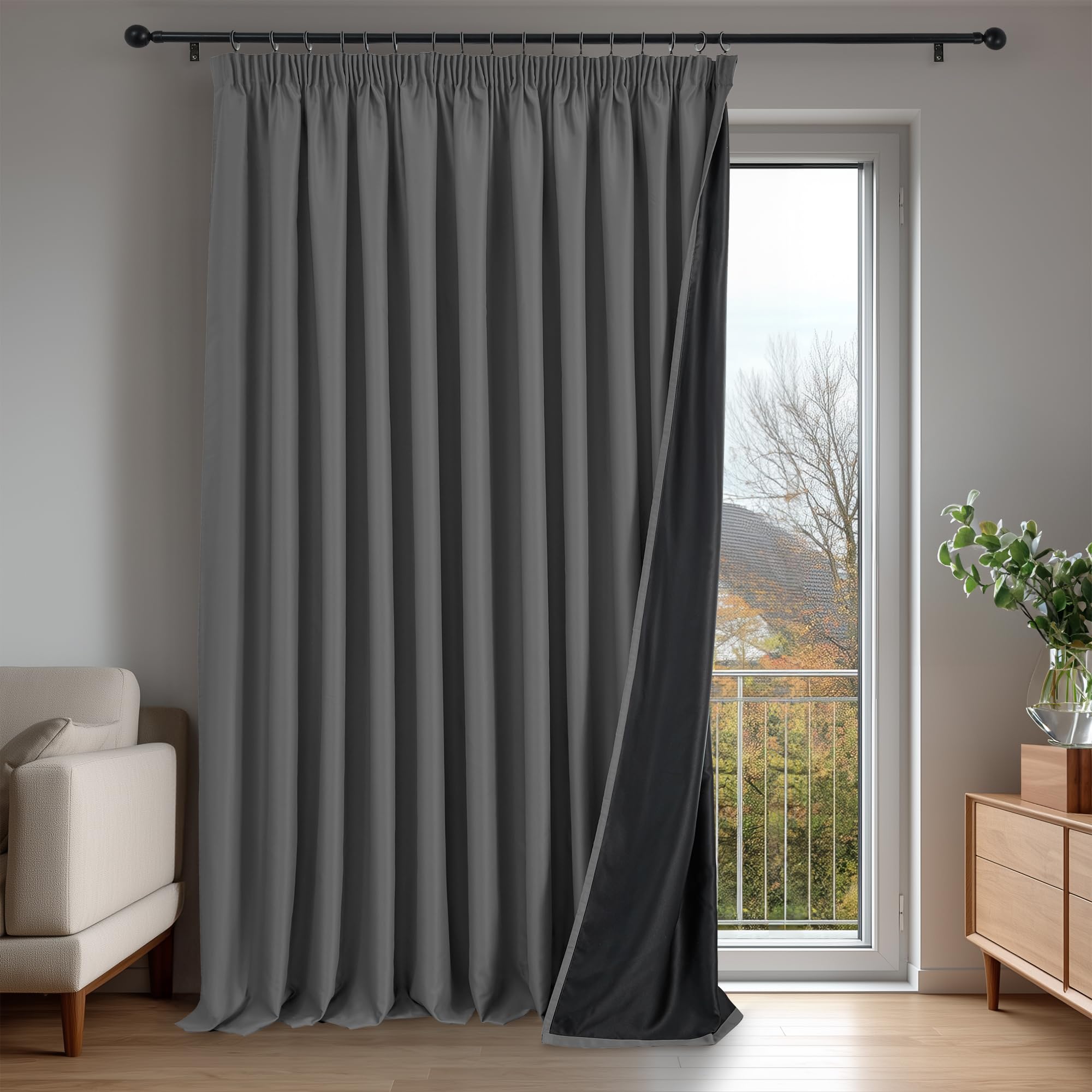 Deconovo Rideau 100% occultant， Opaques à œillets, Rideaux isolants Thermiques pour Salon, Design Moderne Galon Fronceur, 300x245 CM（Largeur x Hauteur, Gris Clair, Lot de 1