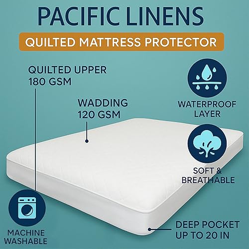 Miniatura 4 de Pacific Linens Protector de colchón impermeable acolchado blanco, bolsillo profundo de hasta 20 pulgadas, tela suave y transpirable, lavable a