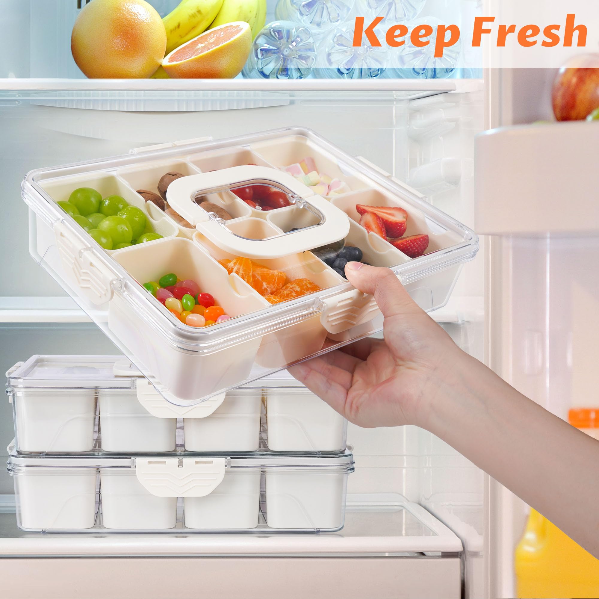 Recipiente para aperitivos – Bandeja dividida para servir con tapa y asa – Apto para lavavajillas, tabla de embutidos para platos portátiles de aperitivos – Organizador transparente para aperitivos de