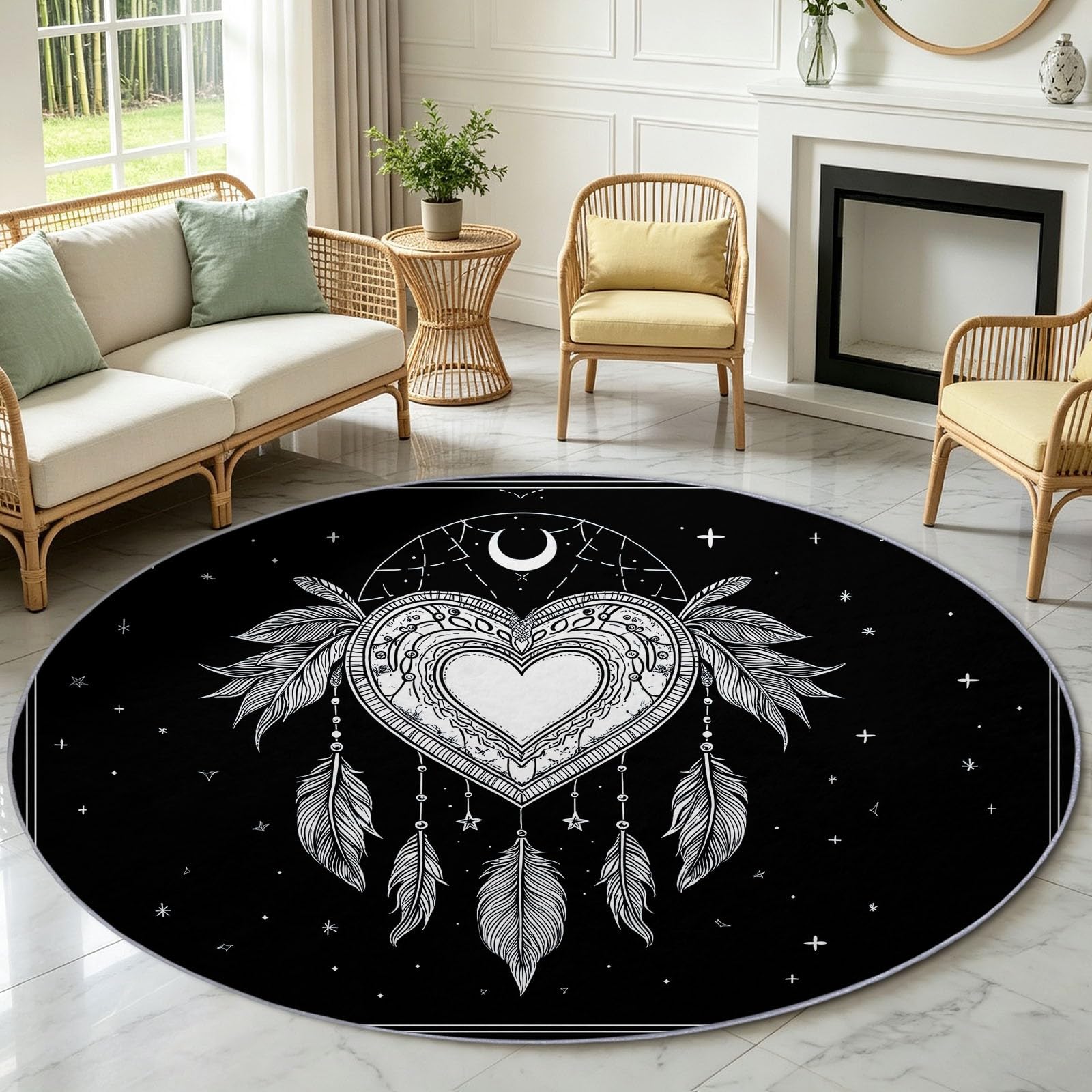 Tappeto rotondo con stelle e luna, antiscivolo, morbido e accogliente, in finta lana, con bordi stretti, disegnato a mano, decorativo, ideale per soggiorno, ingresso, camera da letto, studio, sala