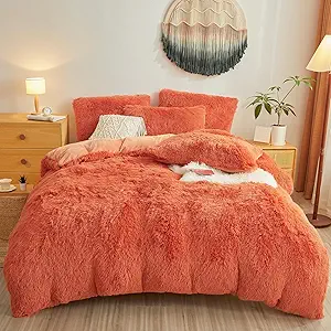 Fluffy Faux Fur Terracotta Comforter Cover King Set – Plush Fluffy Terracotta Bedding 3-Piece Set (1 Duvet Cover + 2 Furry Pillow Shams) Cozy Bed Set