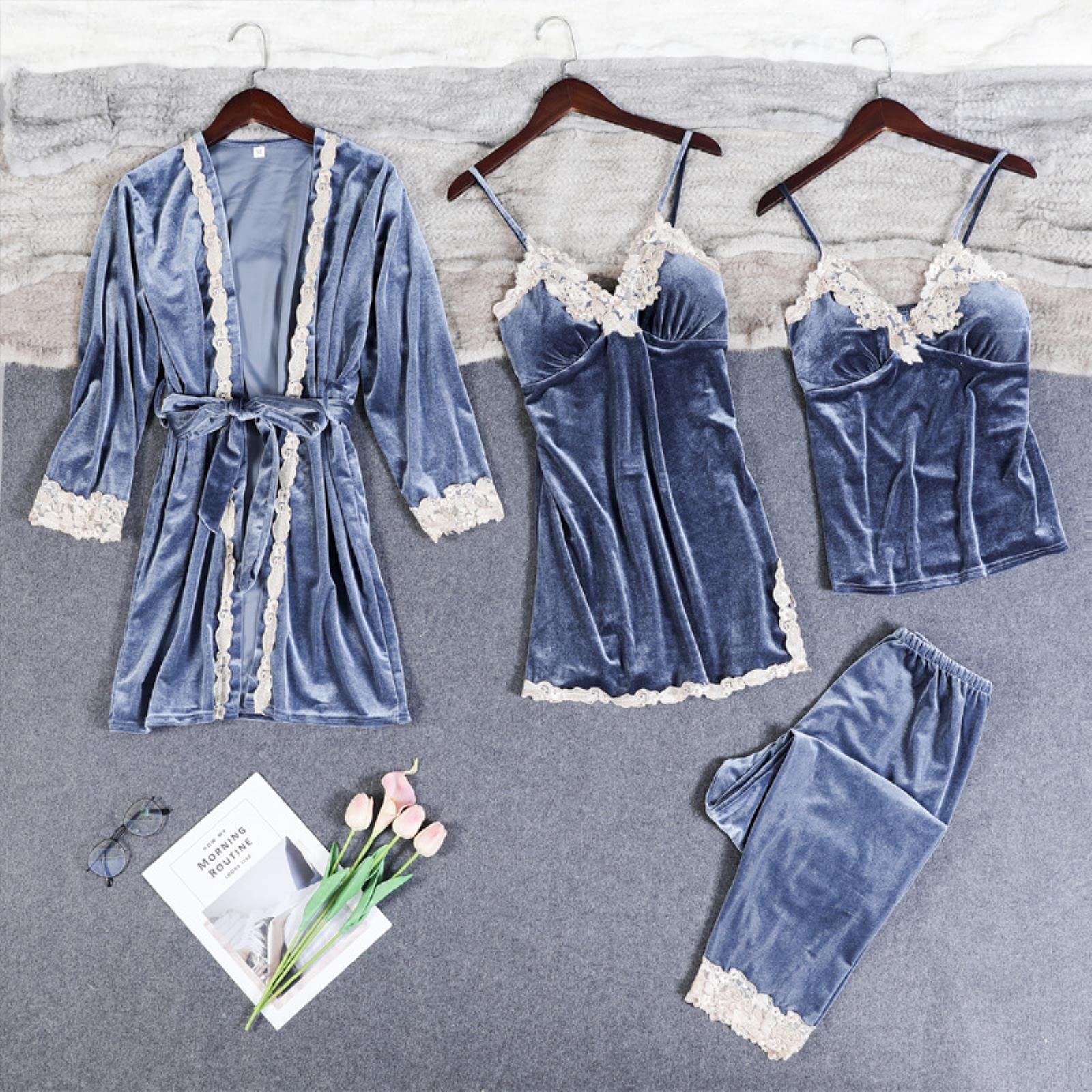 Pigiama Calda Pigiama Invernale Set Oro Velluto Oro 4 Pezzi Donne Sexy Pizzo Abito in Pizzo Pigiama Kit da Notte Kit da Notte Senza Maniche