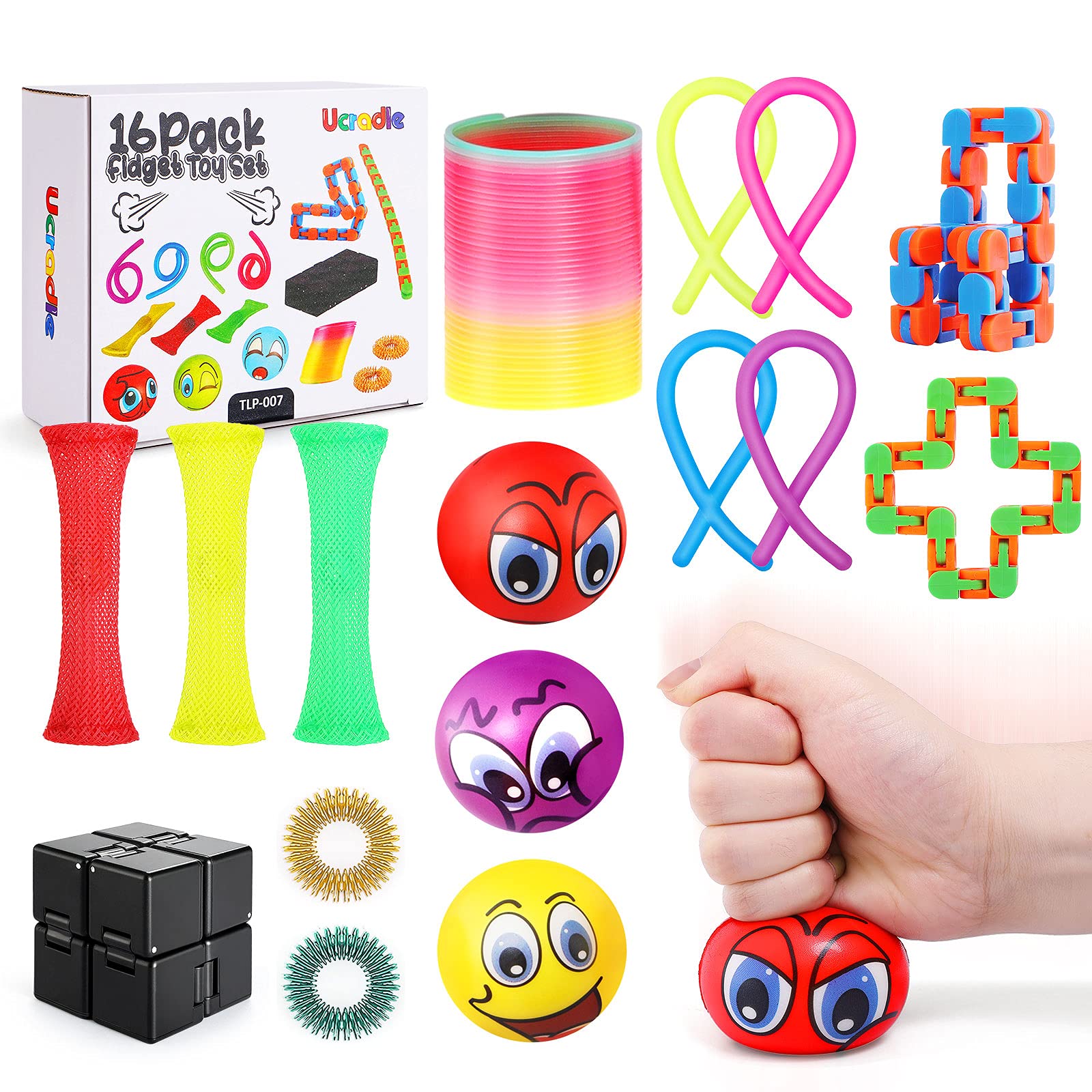 Ucradle Kids Fidget Toys Set, 16 Pack Fidget Spinner Box Set for Children Adults, Anxiety Relief Stress Sensory Toys, Fidget Fun Box for School Classroom Rewards Birthday Partybag fillers