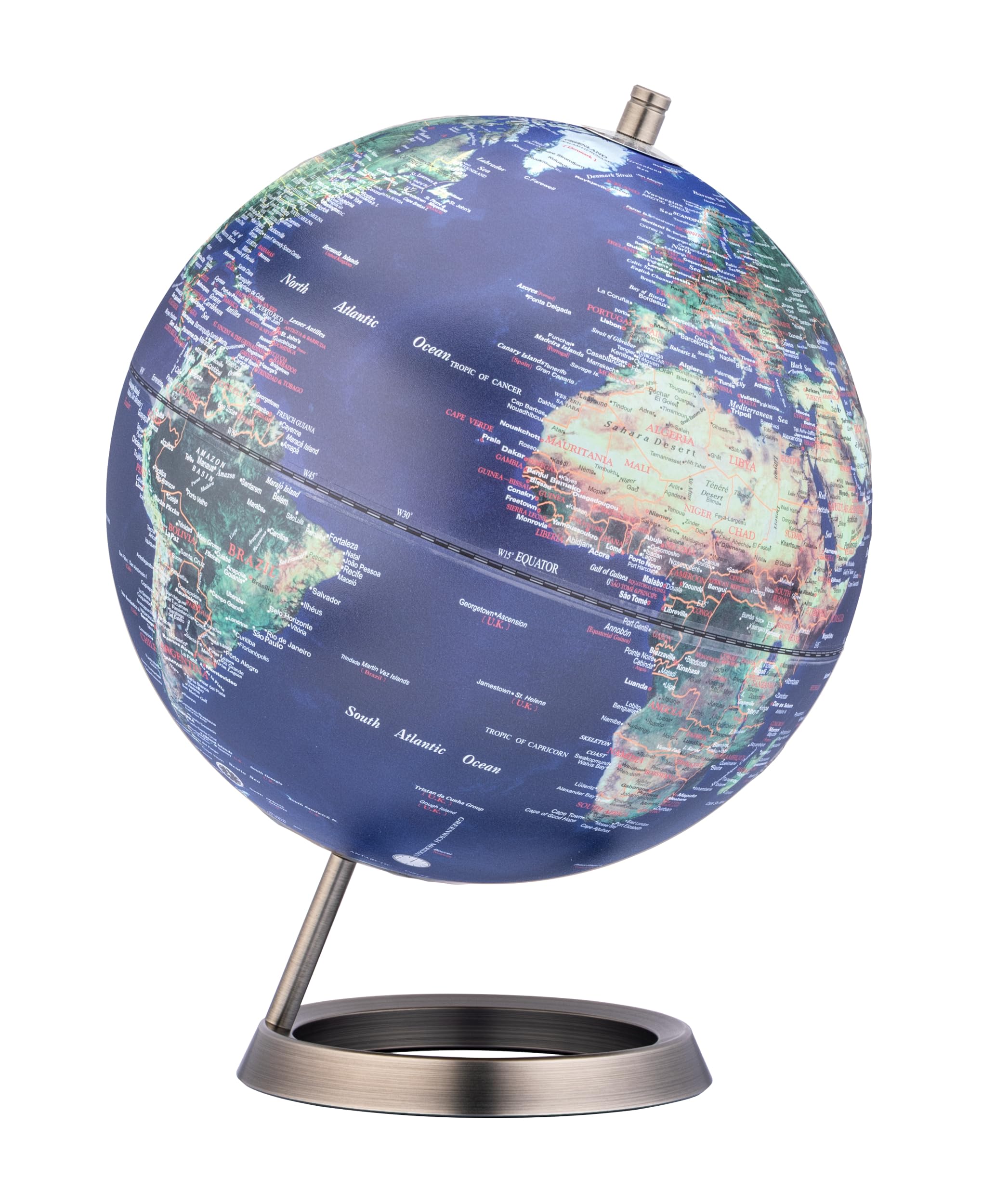 TROIKA Globe terrestre de 25 cm de diamètre à 23,5 degrés avec pied en métal chromé aspect brossé et inclinaison de 23,5 degrés sur l'axe mobile avec relief de carte en plastique, métal bleu, vert