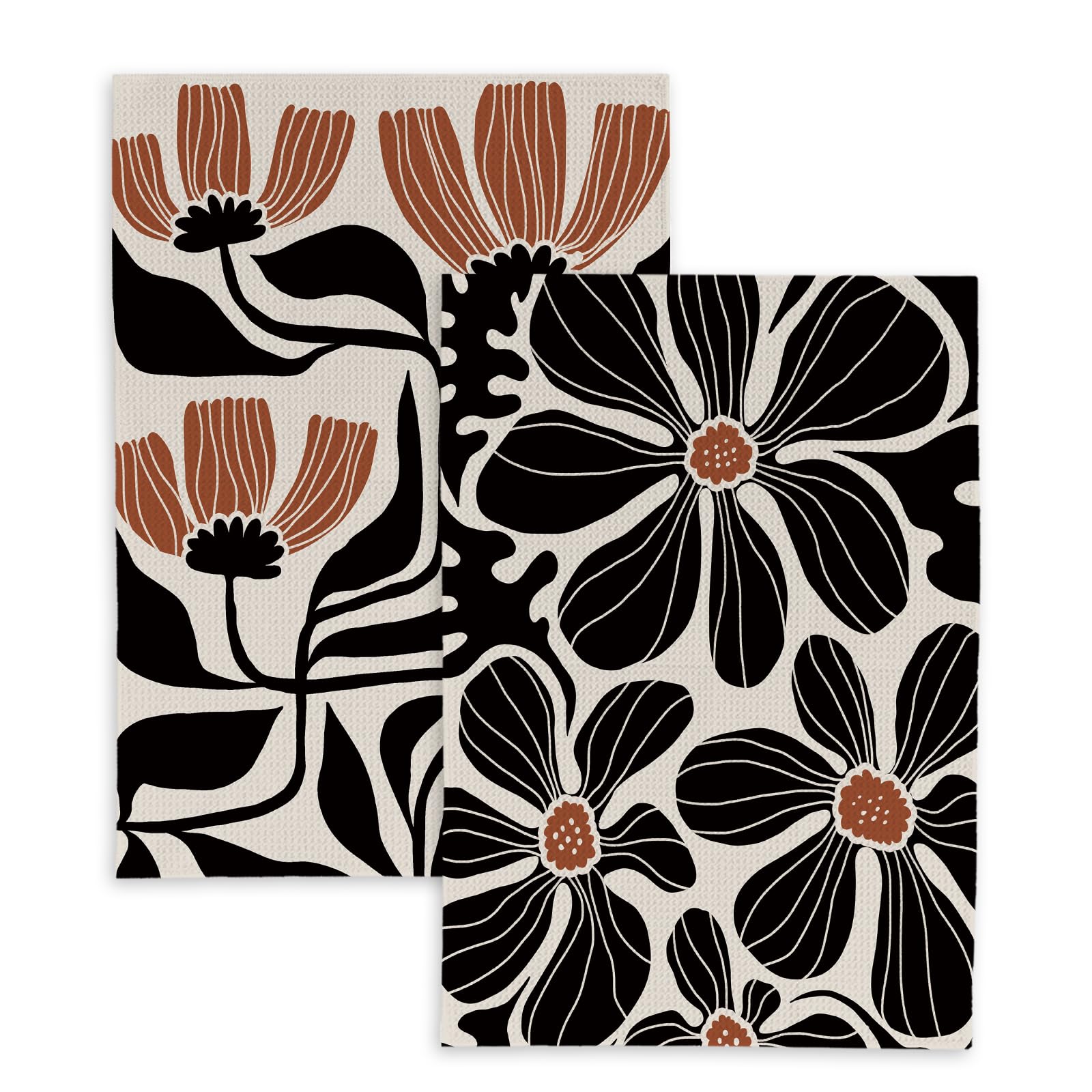 KFXHANGD Boho Black Floral Kitchen Towels and Dishcloths Set of 2, Boho Dish Towels, Boho Floral Bathroom Decor, Black and Beige Decorative Hand Tea