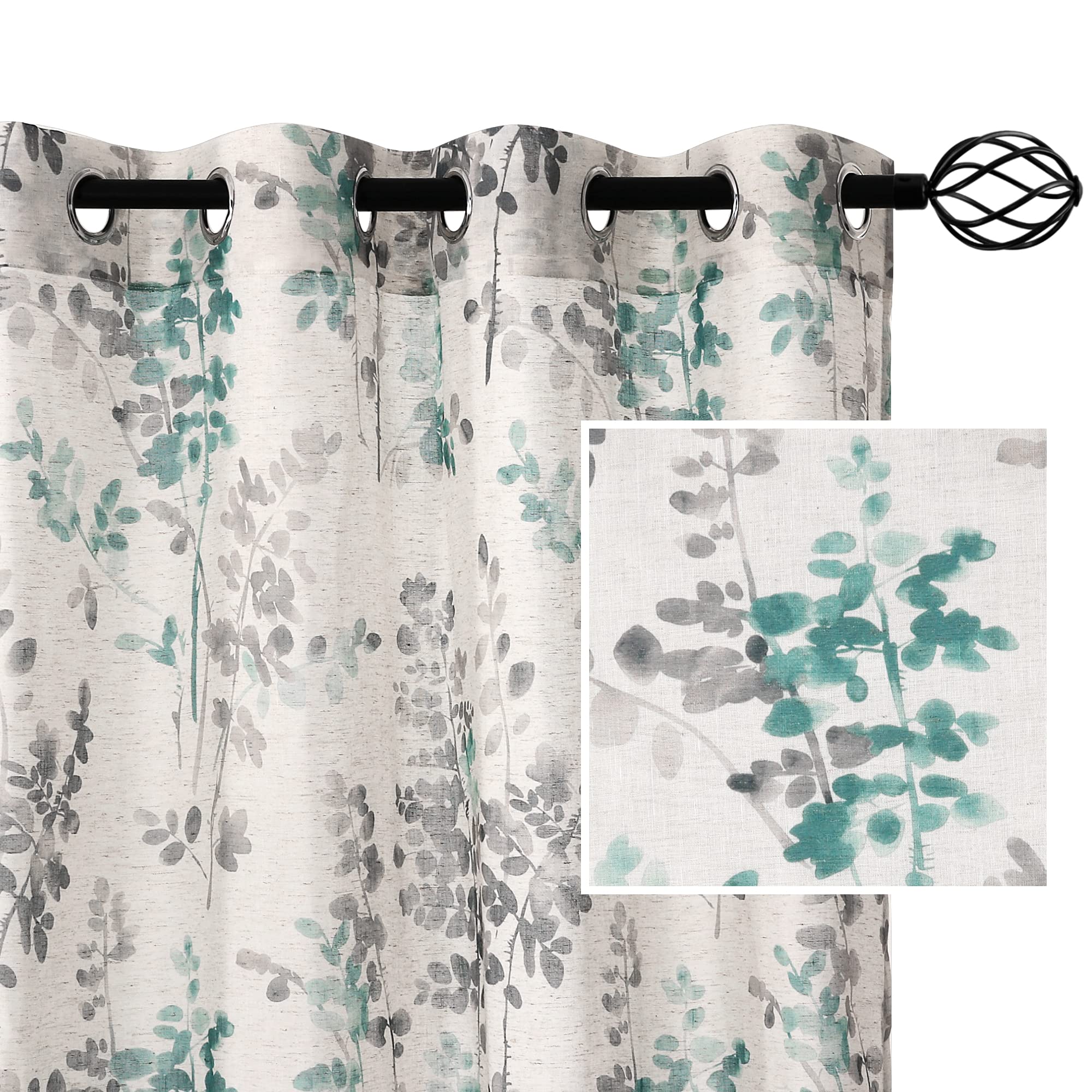 H.VERSAILTEX Sheer Linen Curtains 84 Inch Long Semi Sheer Curtains Draperies for Living Room/Bedroom Vintage Classical Floral Printing Window