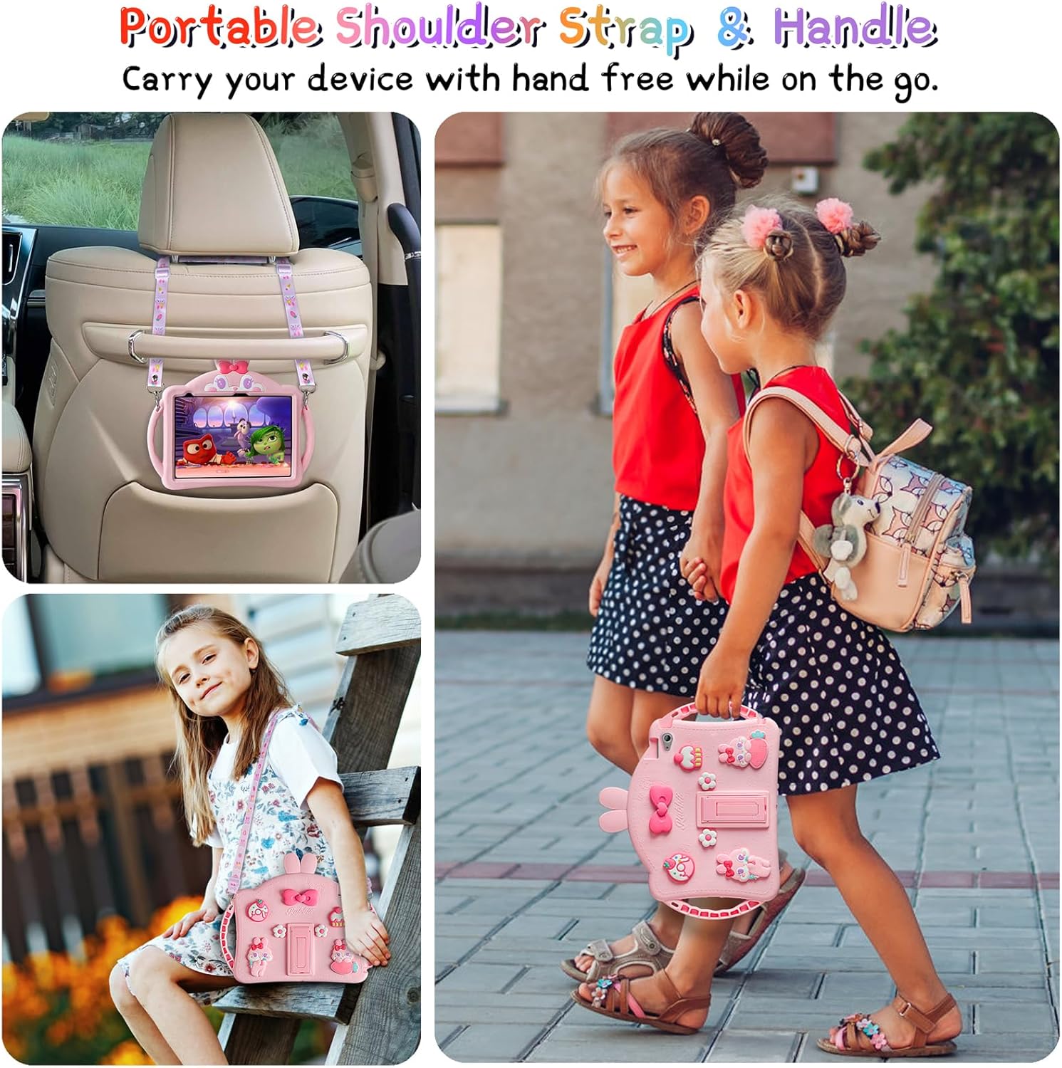 VOFUOE for iPad 10th Generation Case 10.9 Inch 2022 Kids Girls for iPad A16 Case 11th Generation 2025 with Screen Protector Shoulder Straps Handle Cute Rabbit Soft Silicone Tablet Cover-Pink