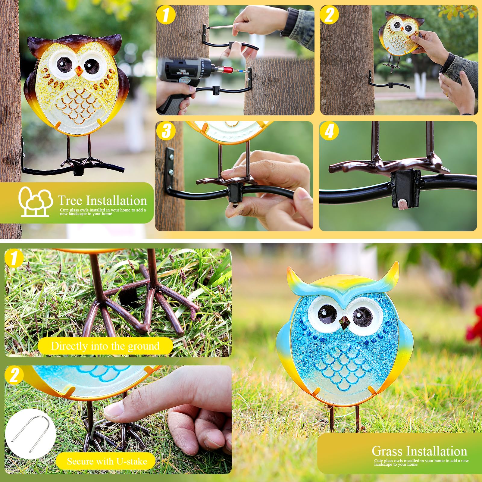Owl Garden Decor Set of 3 Metal Glass Stand Tree Hugger Fence Outdoor Stake view 2