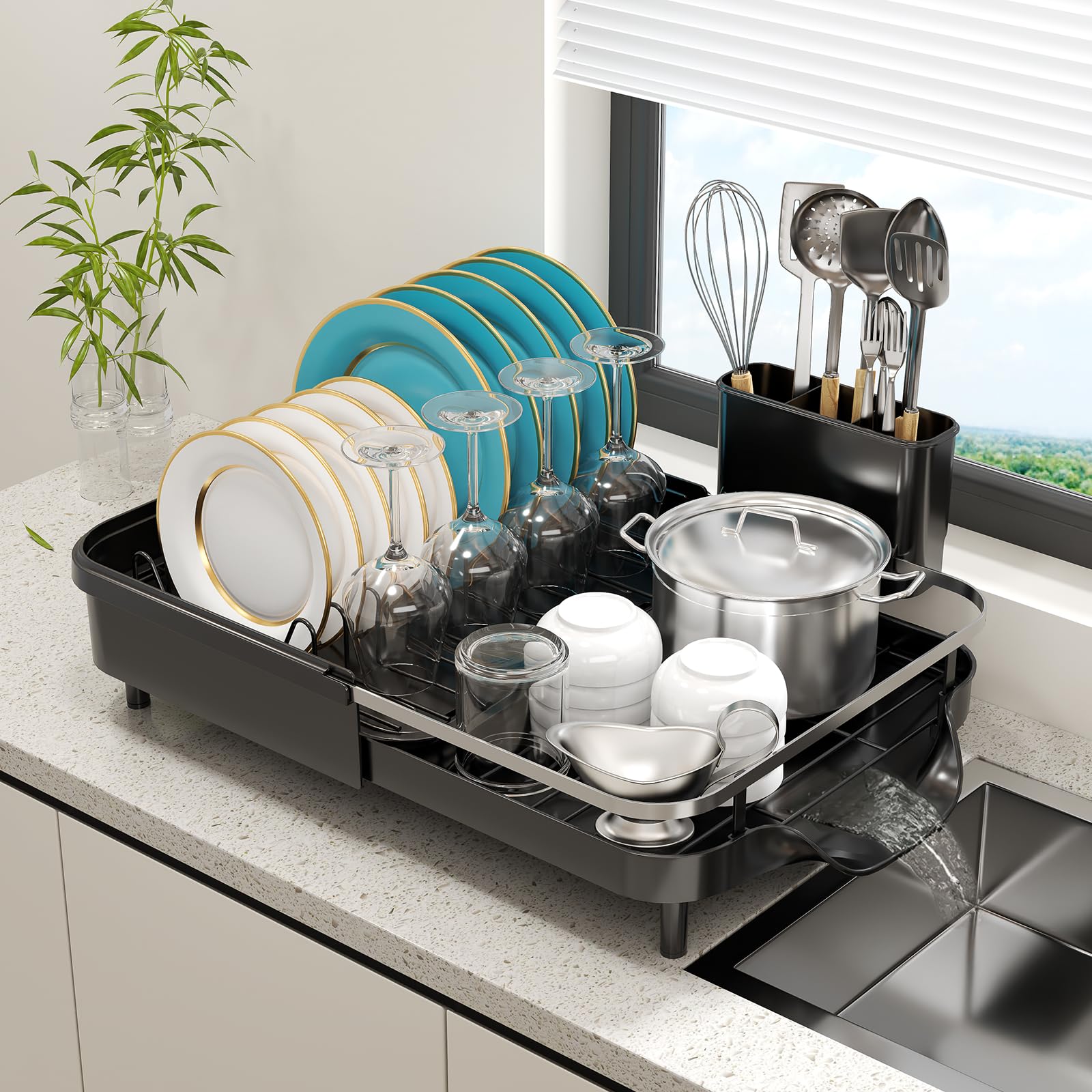Expandable Dish Drying Rack，Dish Rack for Kitchen Counter - Stainless Steel Dish Drainer with Efficient Drainage, Drainboard Set, and Utensil Holder, Over the Sink Dish Drainer Drying Rack, Black