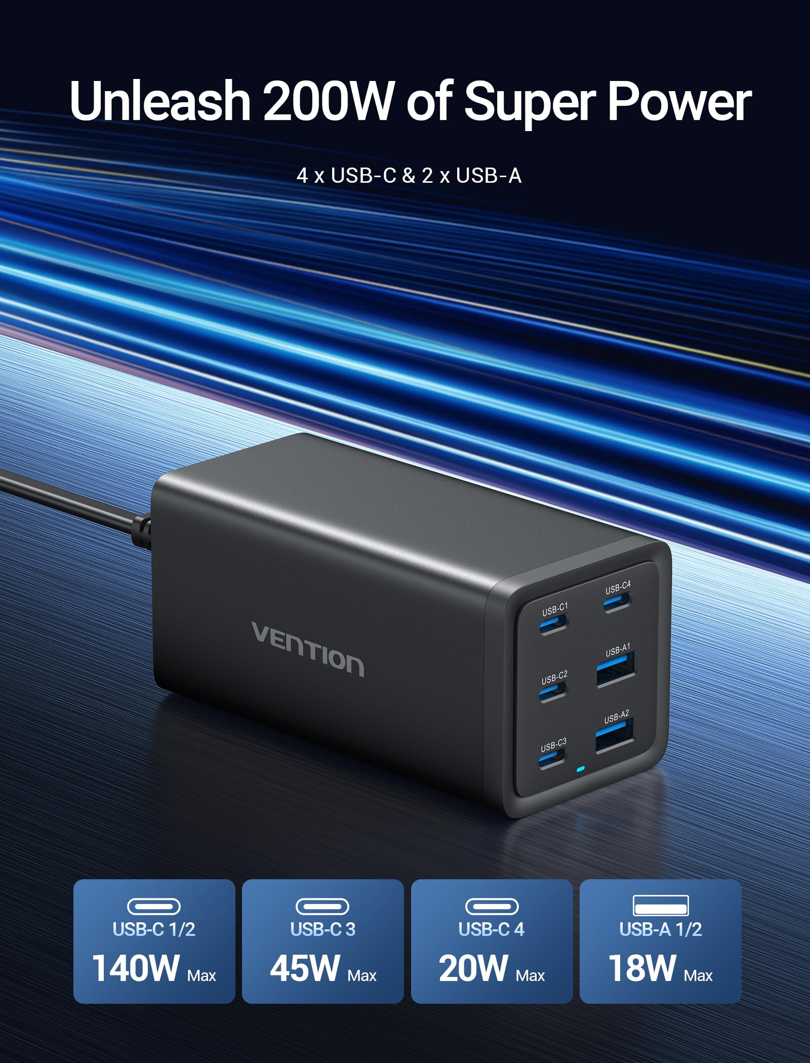 Estación de carga para MacBook Pro de 200 W, estación de carga USB C VENTION de 6 puertos, cargador de escritorio GaN compatible con MacBook Pro/Air M1 M2, iPhone 15 Pro Max/14, iPad Pro, Galaxy S23