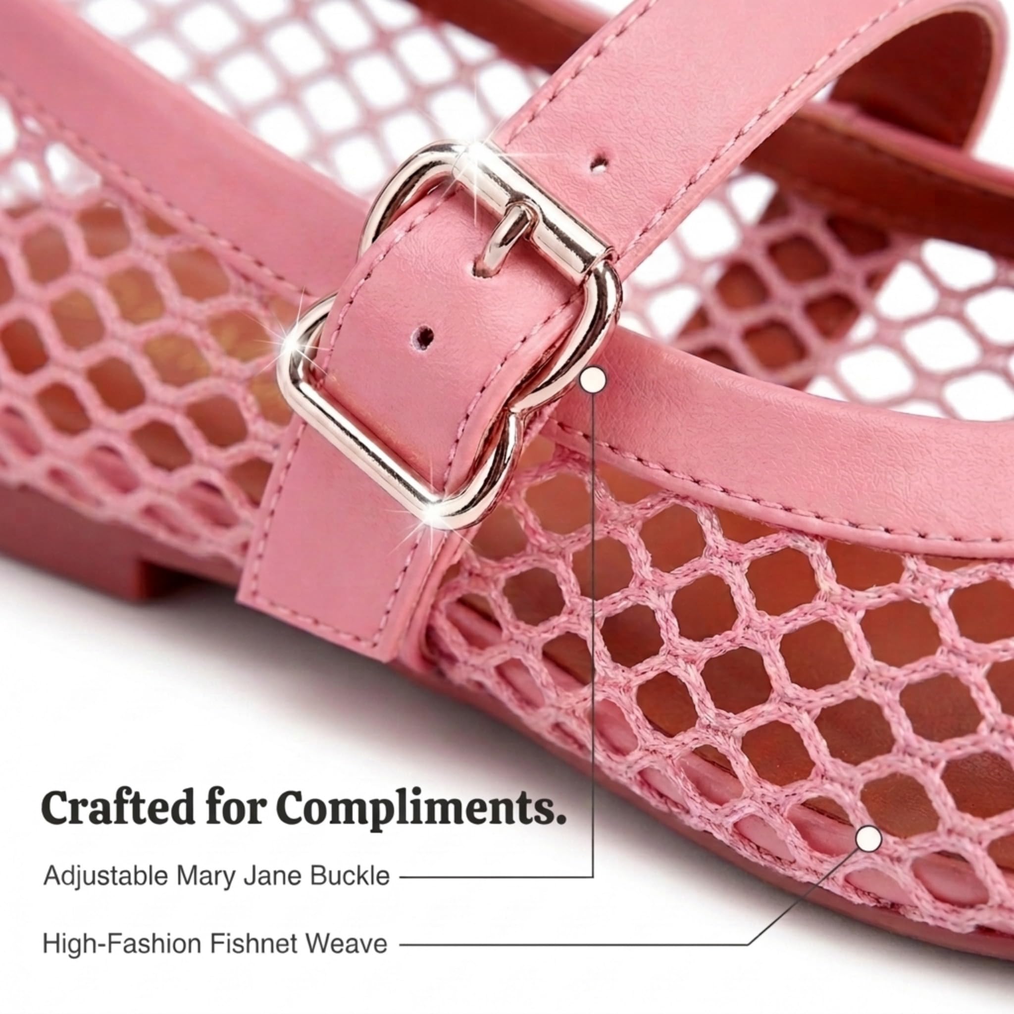 EMMA NEW YORK Women's Mesh Ballet Flats - Fishnet Mary Jane Flats with Adjustable Buckle Strap, Breathable & Stylish Ballerina Shoes (Pink, 8)