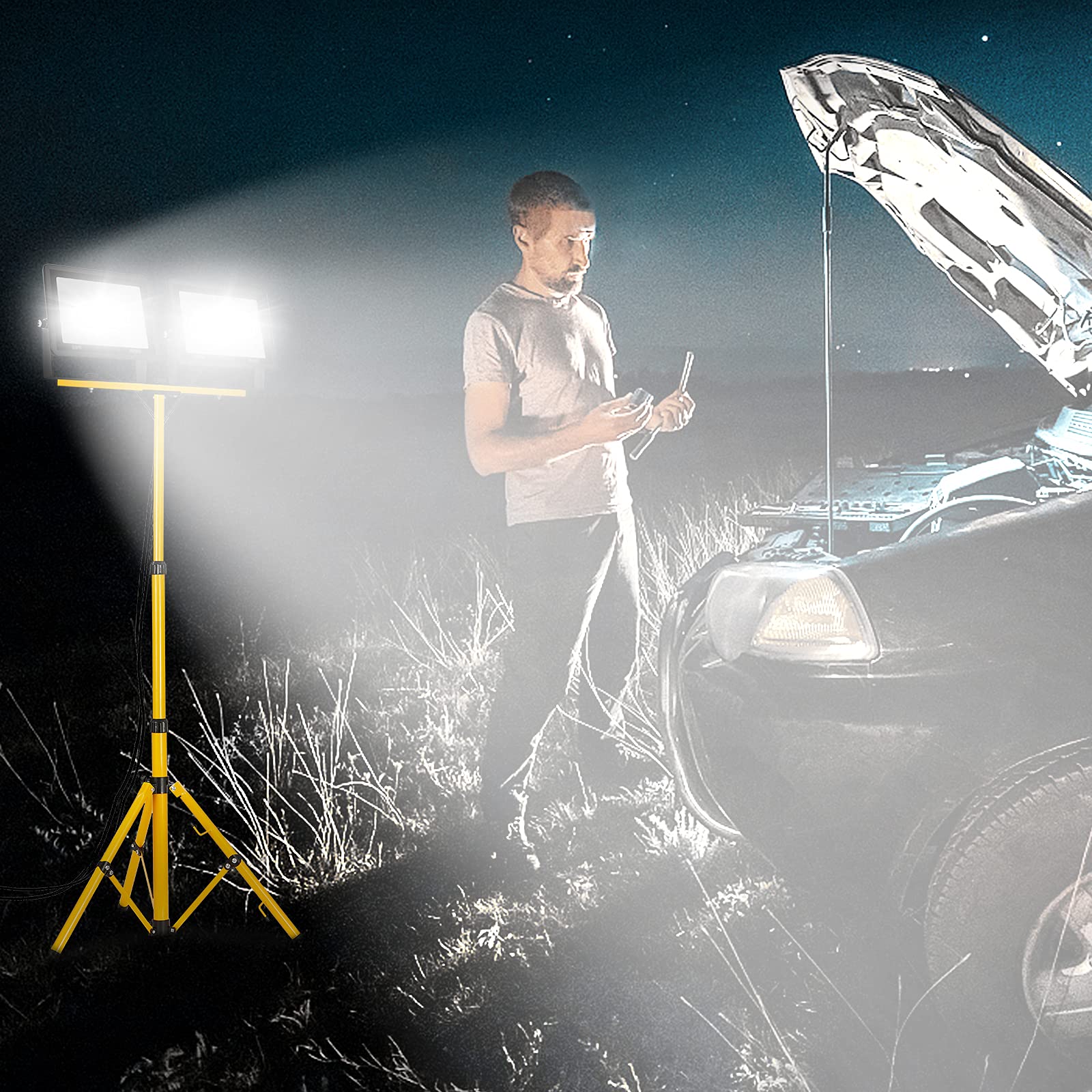Froadp 2x200W Proyector Doble LED Con Trípode, Foco LED Portatil Luz de Trabajo, aluminio, con cable de 3 m y enchufe de la UE, Apto Para Interior y Exterior (Blanco Frio)