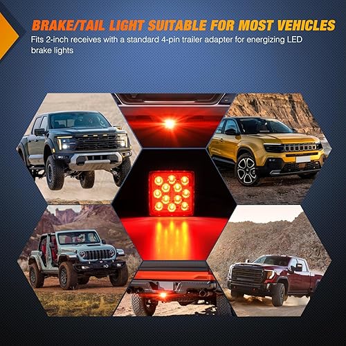 Miniatura 9 de Nilight Luz de freno LED cubierta de enganche de remolque, lente roja cuadrada, enganche de vehículo, lámpara de freno de conducción, 12 luces LED
