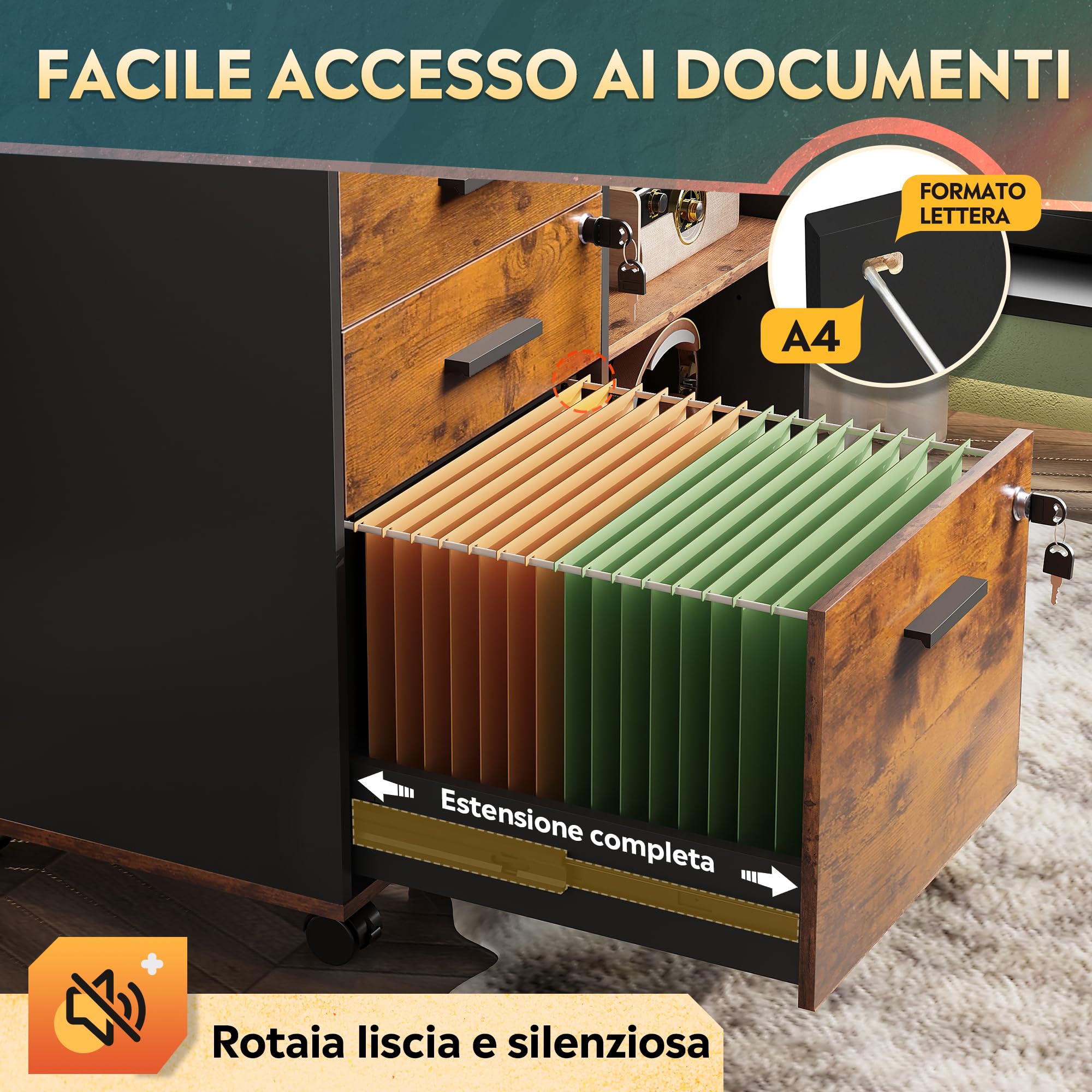 DEVAISE Carrello Portadocumenti 3 Cassetti con Piano Legno, Mobile Ufficio con Stampante, Retro, Marrone
