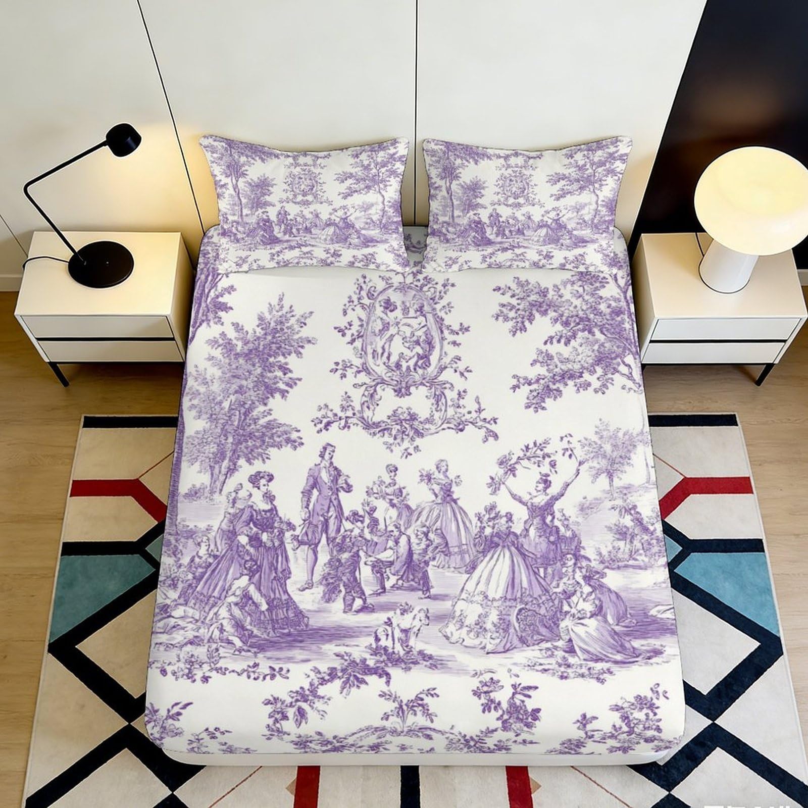 3D Printed Pastoral Purple Toile Fitted Sheet Microfiber Soft Decorative Vintage Scene Mattress Cover Bedroom Home 90x200x25cm