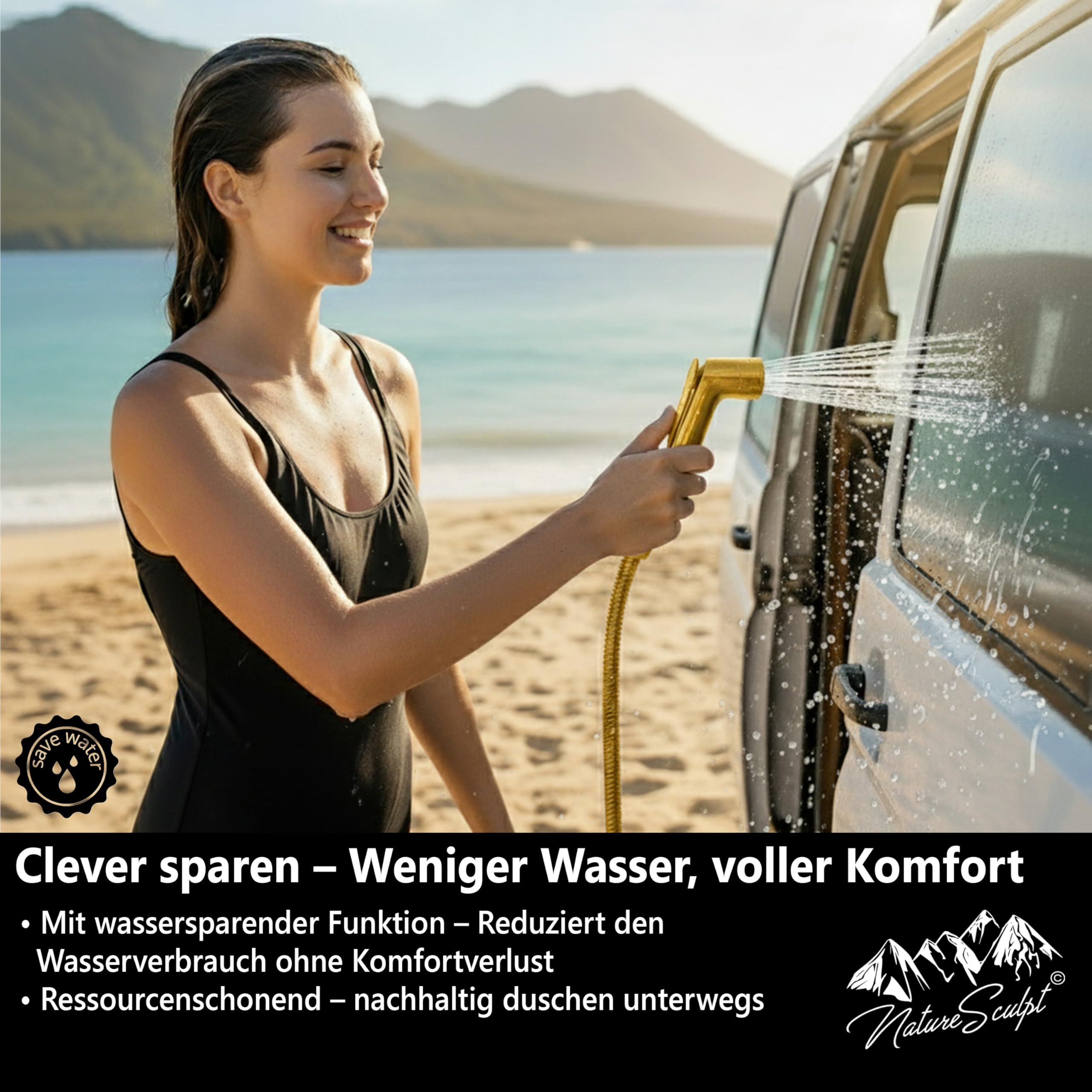 Pommeau de douche mobile pour camping avec tuyau de 1,2 m, alimentation en eau réglable, pour camping-car, vanlife et lavabo d'extérieur, compact, portable, ABS robuste (doré)