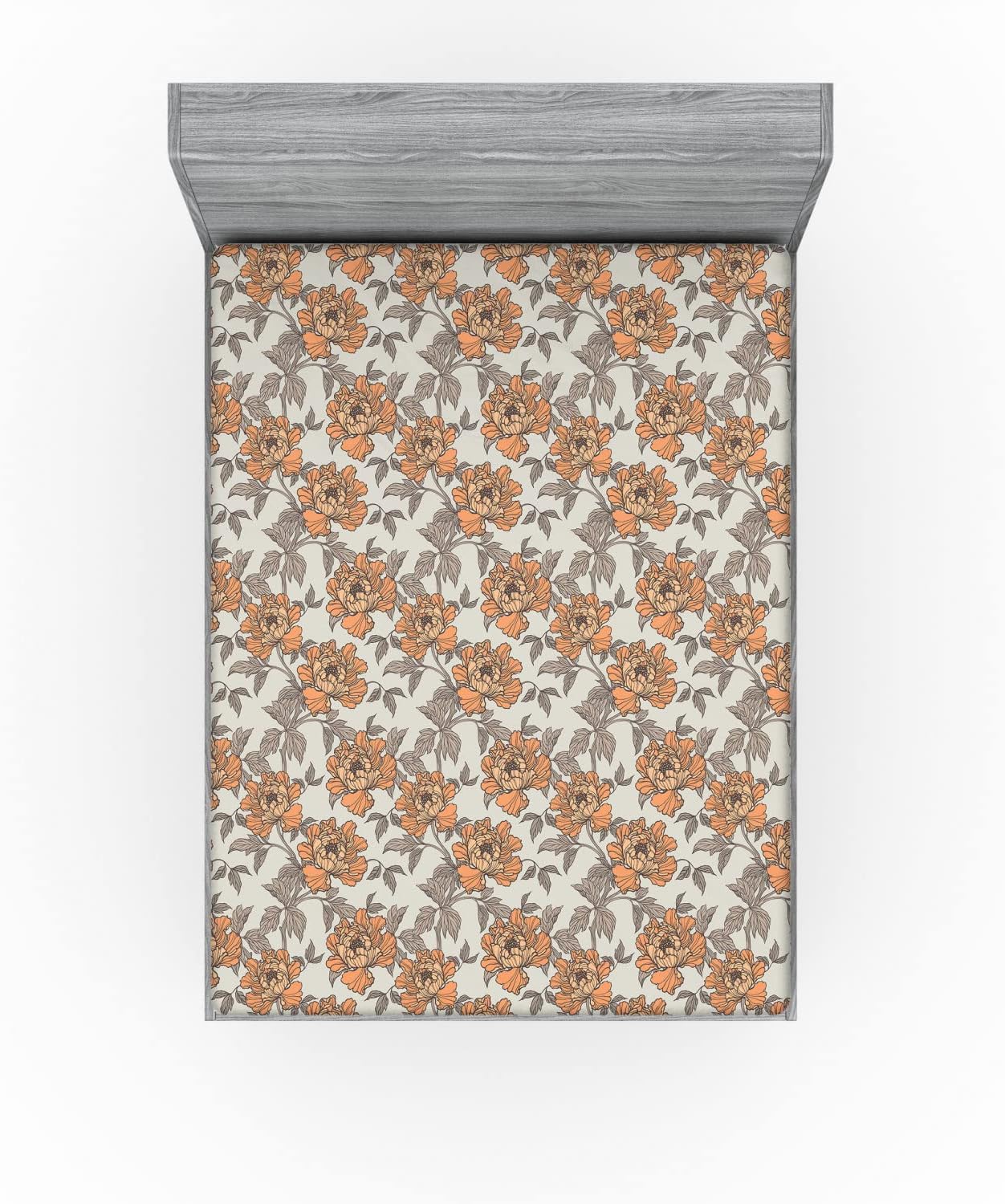 Ambesonne Vintage 2 Pack Fitted Sheet, Floral Nostalgia Peonies, Bed Cover All-Round Elastic Deep Pockets 2 Pieces, Package Contains 2 Queen Size Fitted Sheets, Dark Peach Grey Yellow