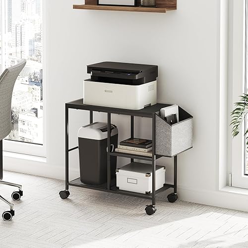 Miniatura 3 de Soporte de impresora con bolsa de almacenamiento, carrito de impresora móvil debajo del escritorio de 3 niveles con ruedas, mesa de impresora