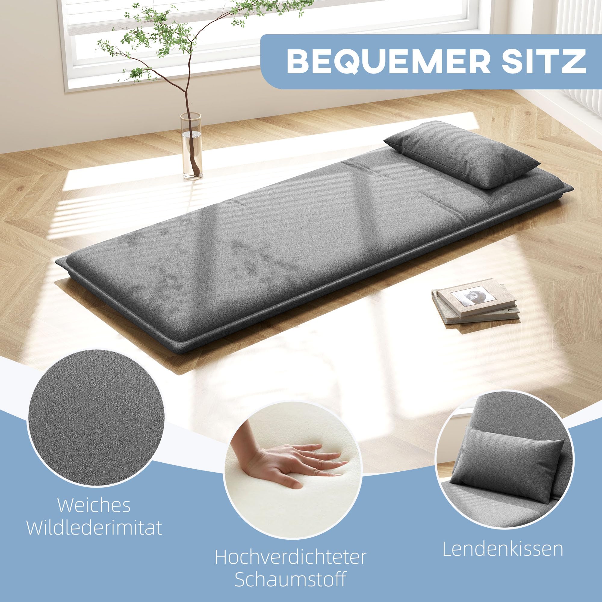 HOMCOM Bodensofa 3-in-1 Klappbar Schlafsofa mit 6-Fach verstellbar Rückenlehne Kissen Gepolstert Sofabett mit Schlaffunktion, bis 150 kg belastbar, für Schlafzimmer, Wohnzimmer, Dunkelgrau
