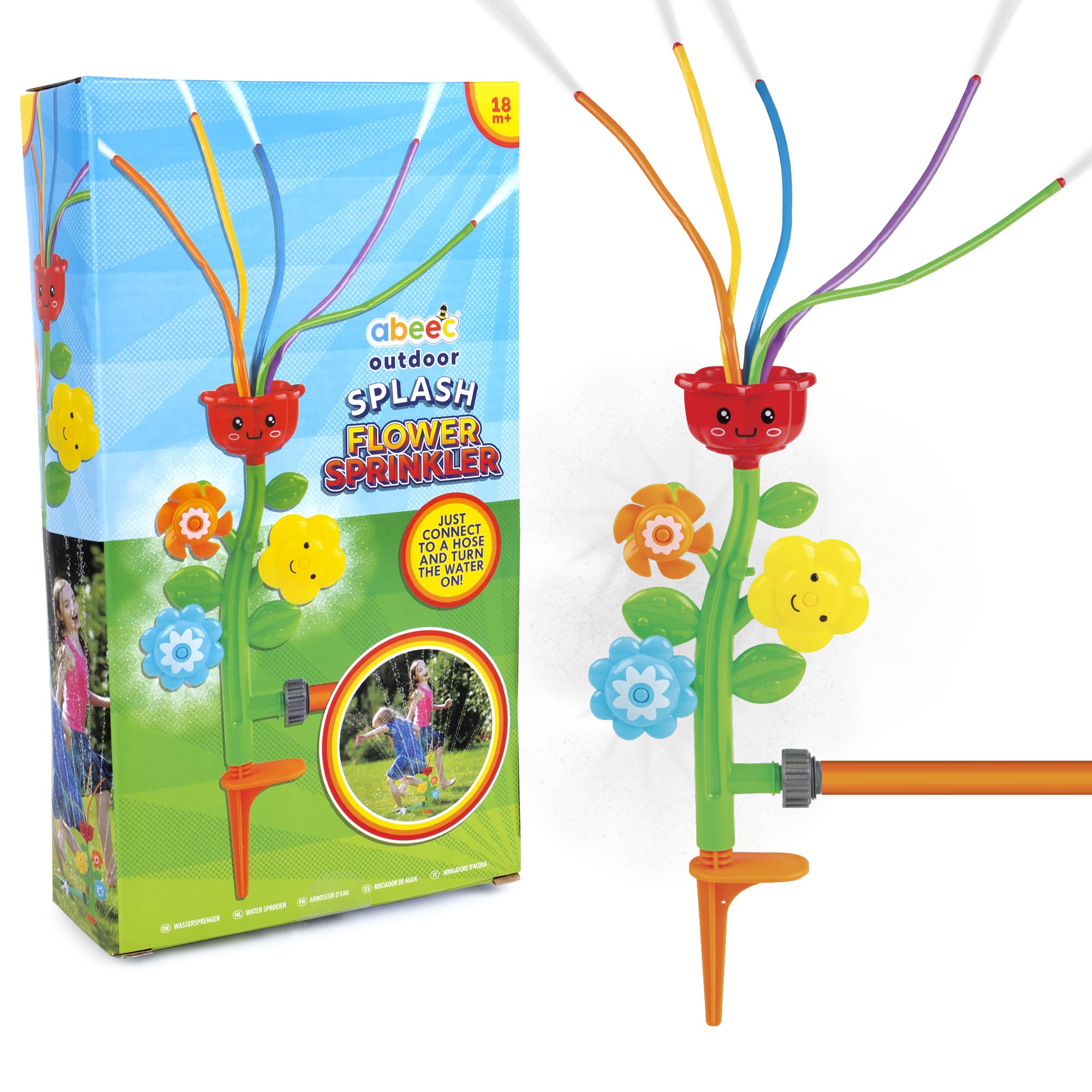 abeec Splash Flower Sprinkler | Garden Water Toy for Kids | 30cm Tall Summer Outdoor Play Equipment with Spinning Flowers & Flexible Tubes | Just Connect & Spray | Age 18m+