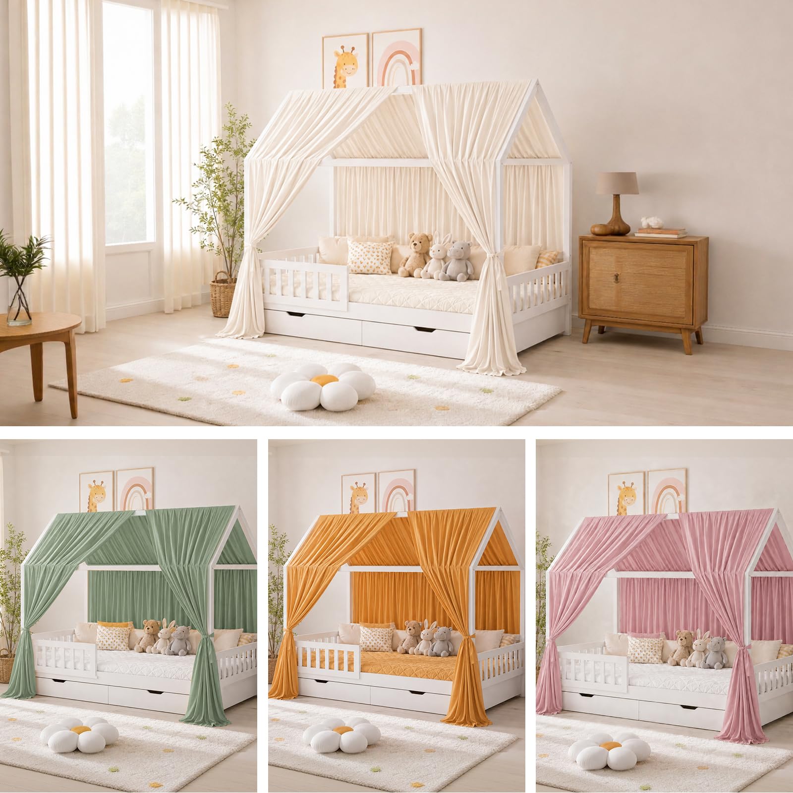 2 Stück Hausbett Himmel, Betthimmel Hausbett aus 100% Musselin Baumwolle, Bett Vorhang für Hausbett Deko, Stoffhimmel Baldachin für Mädchen Jungen(Beige, H350 x B135 cm (2 Stück))