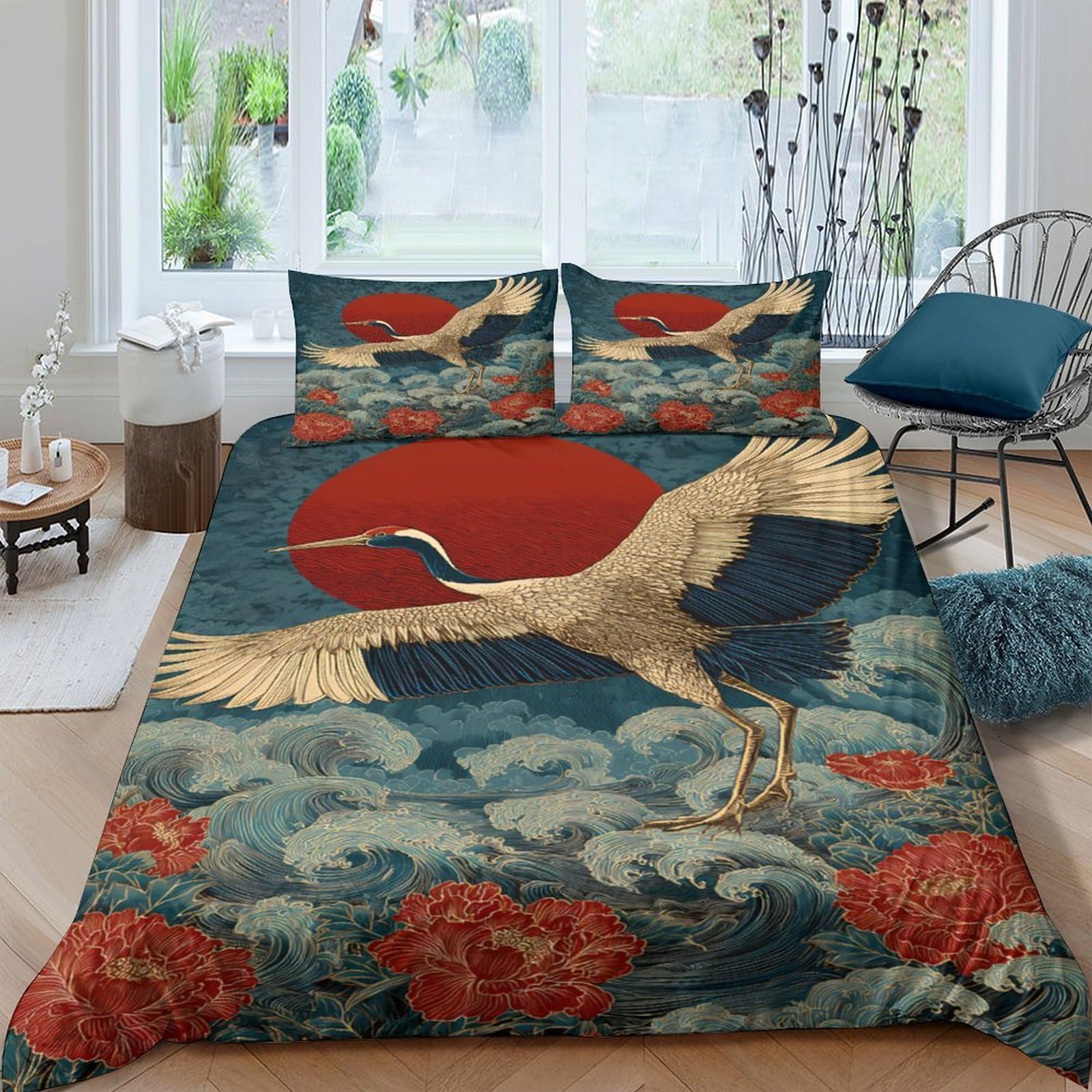Ctjqhvkz Style-9 3D Printed Japanese Crane Fitted Sheet Microfiber Blue Red Sun Mattress Cover Floral Decor Bedroom Dorm Single（135X200cm）