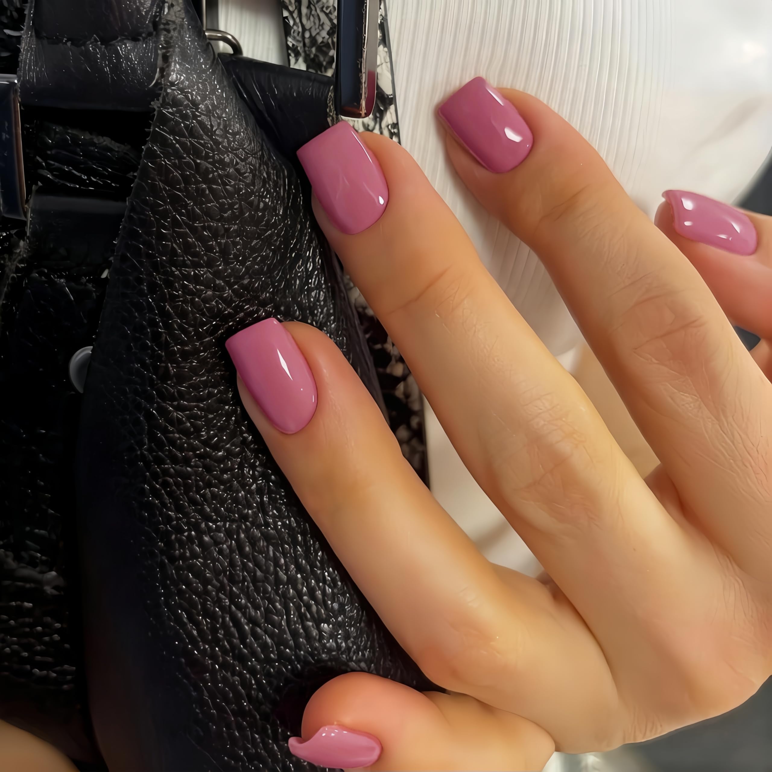 KQueenest Press on Nails Kurz – Sheer Dunkelrosa Nägel zum Aufkleben Kurz, Einfarbig Eckig Fake Nails, Quadratische Künstliche Nägel Set für Frauen & Mädchen, 24 Stück