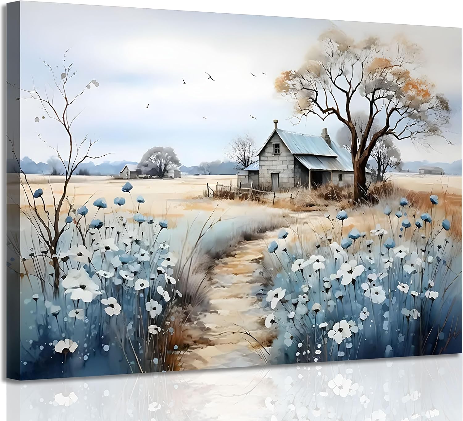 Framed Rustic Farmhouse Canvas Wall Art Beautiful Field Painting Wildflower Barn Print Nature Scenery Picture French Countryside Poster for Bathroom Bedroom Living Room Office Wall Decor 16x24in Canvas Framed 24"L x 16"W