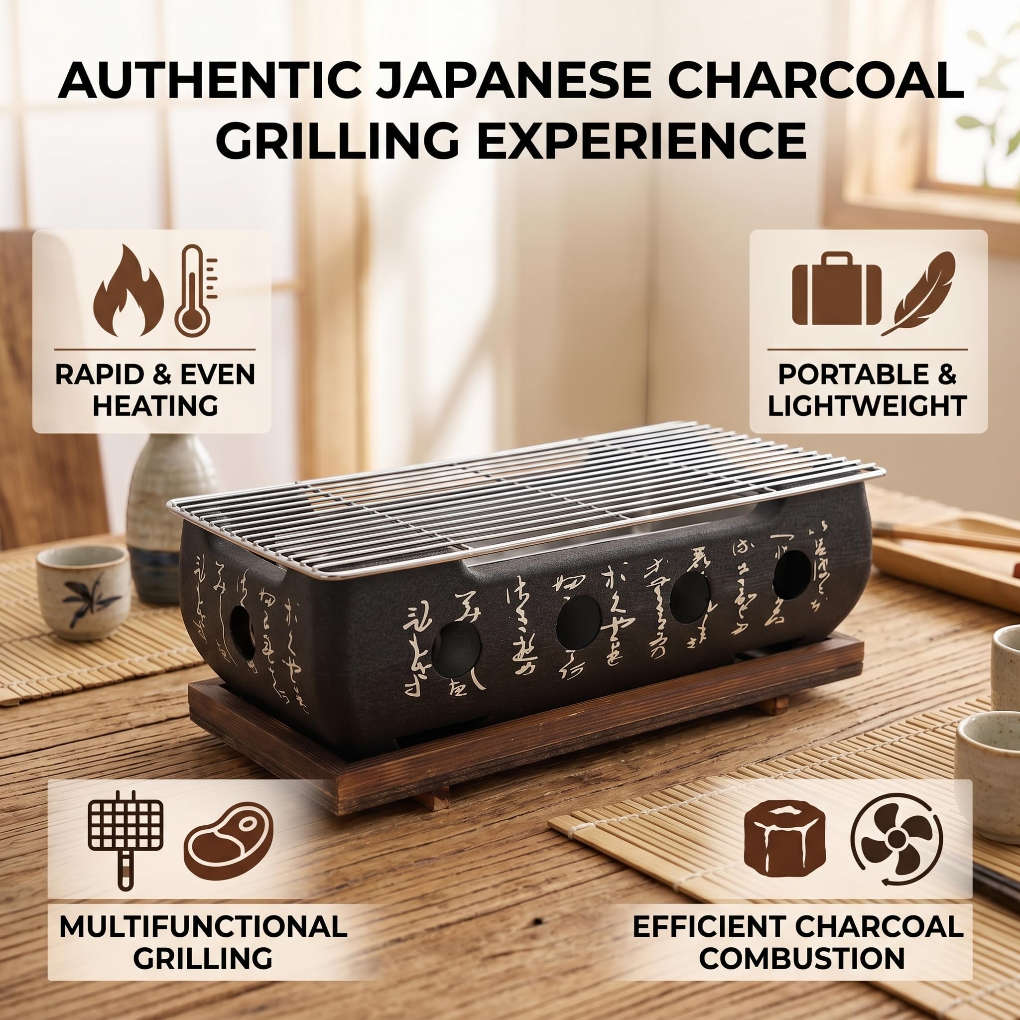Ausla Griglia Hibachi, Griglia per Barbecue Giapponese Portatile a Carbonella con Base in Legno e Rete, Ideale per Campeggio all'aperto e Picnic (XL)