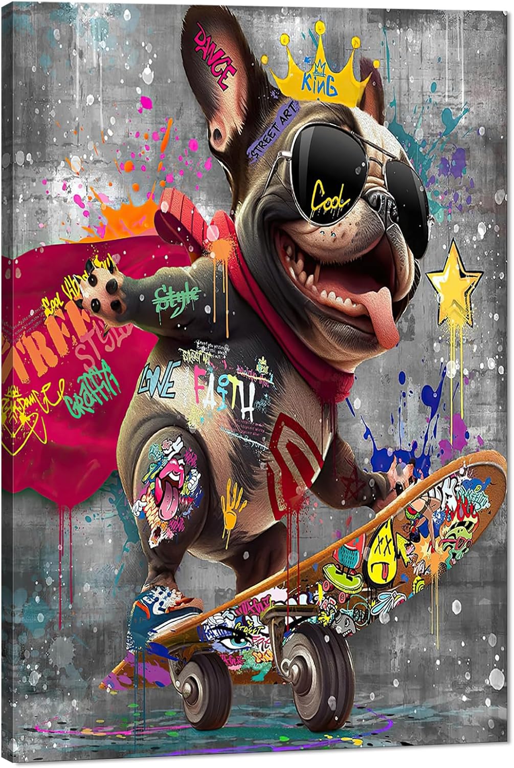 Novatique Banksy Canvas Wall Art Graffiti Canvas Wall Decor Funky Dog Play Skateboard Picture Ready to Hang Abstract Painting for Living Room Bathroom, 24 x 36inch