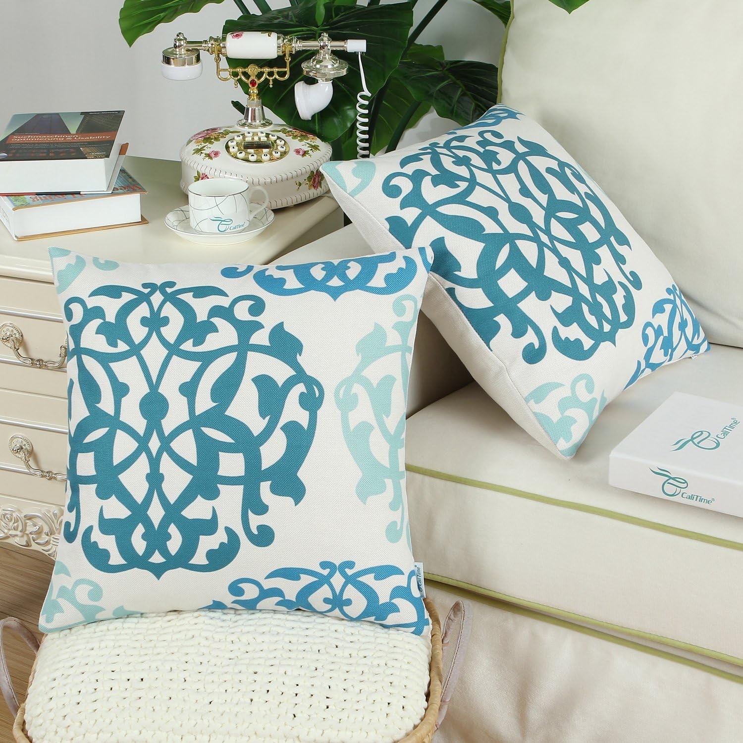 CaliTime Canvas Throw Pillow Cover Case for Couch Sofa Home Decoration Three-Tone Floral Compass Geometric 20 X 20 Inches Ink Blue/Aqua Blue/Duck Egg