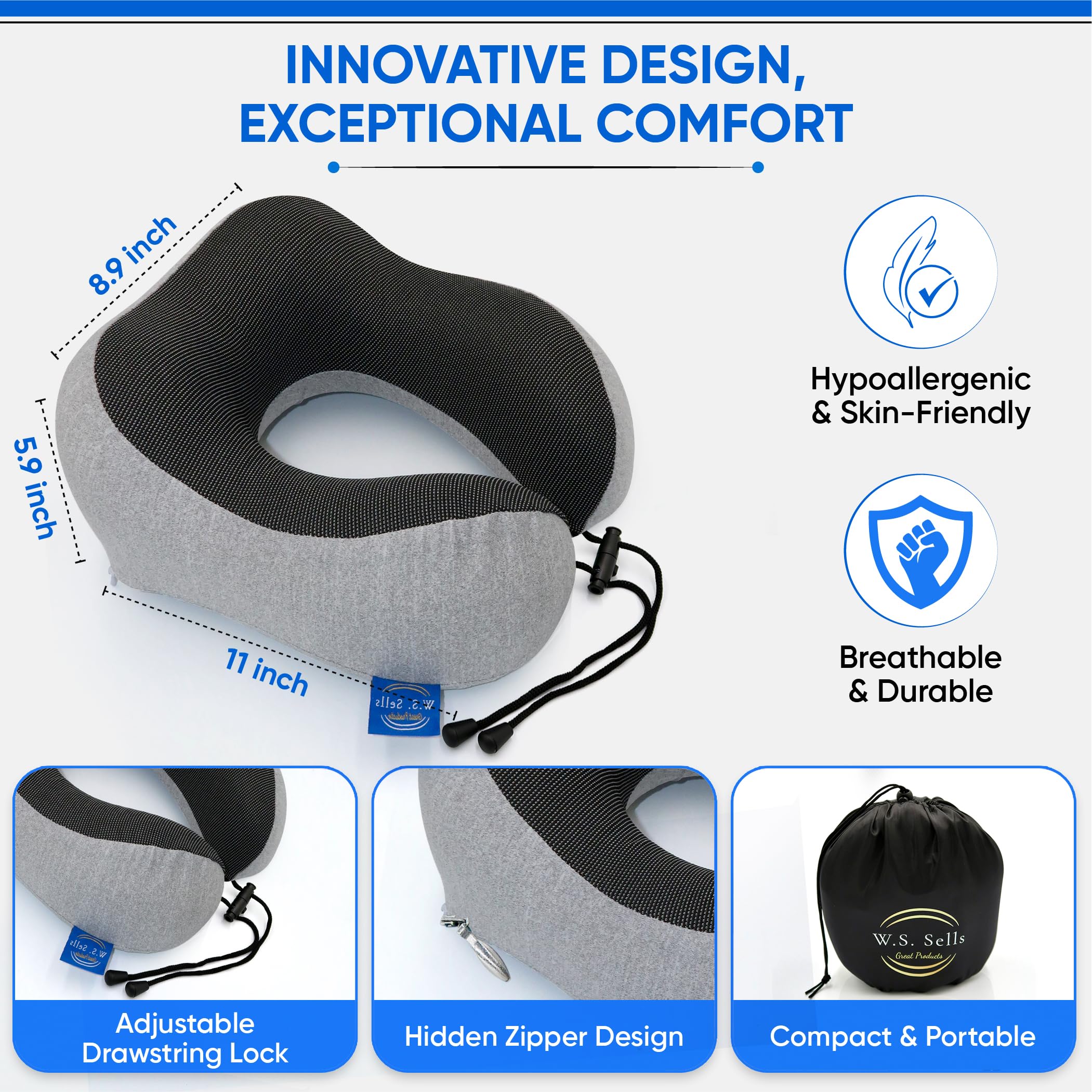 W.S. Vende almohadas de cuello de viaje para aviones, espuma viscoelástica pura con diseño ergonómico y tela transpirable, almohadas de viaje para aviones y automóviles, juego de artículos esenciales