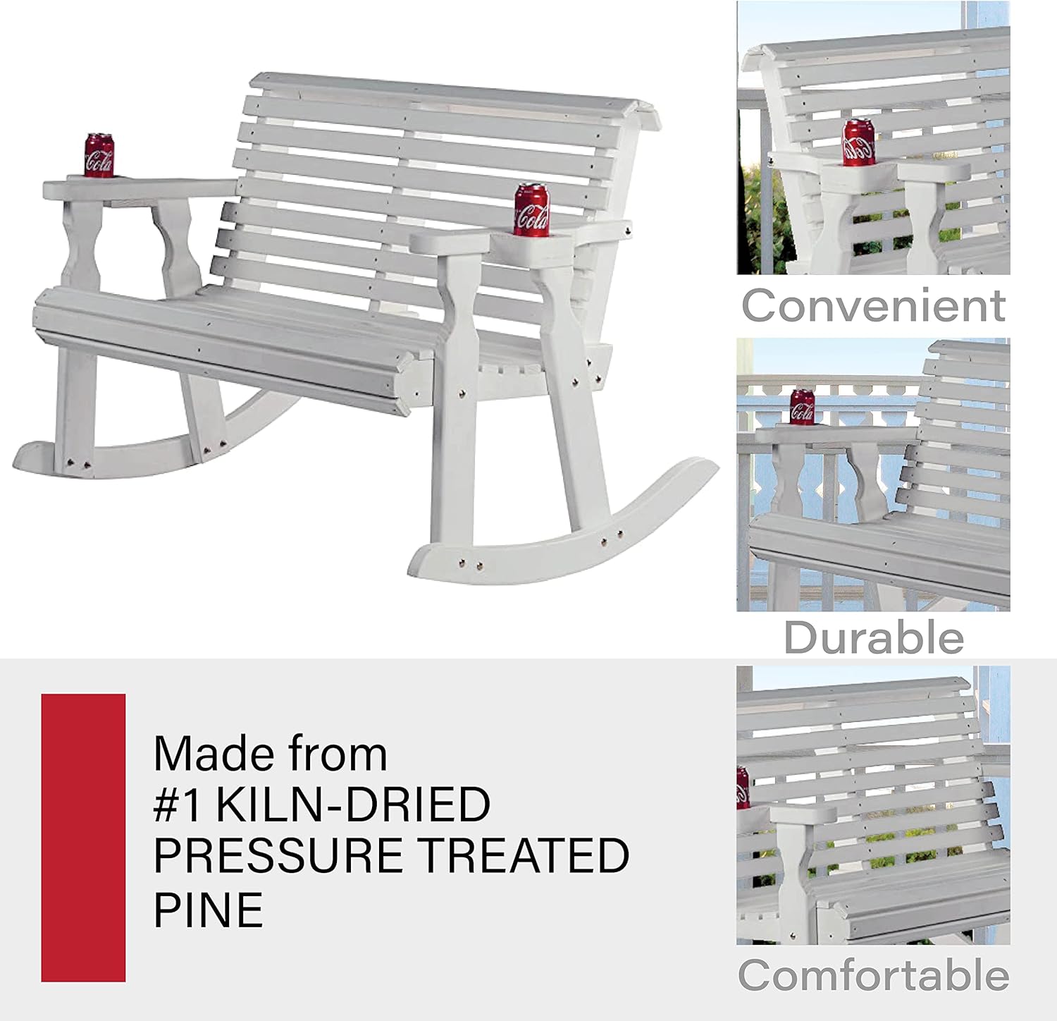 Amish Casual Heavy Duty 800 Lb Roll Back Pressure Treated Double Rocker with Cupholders (Semi-Solid White Stain)
