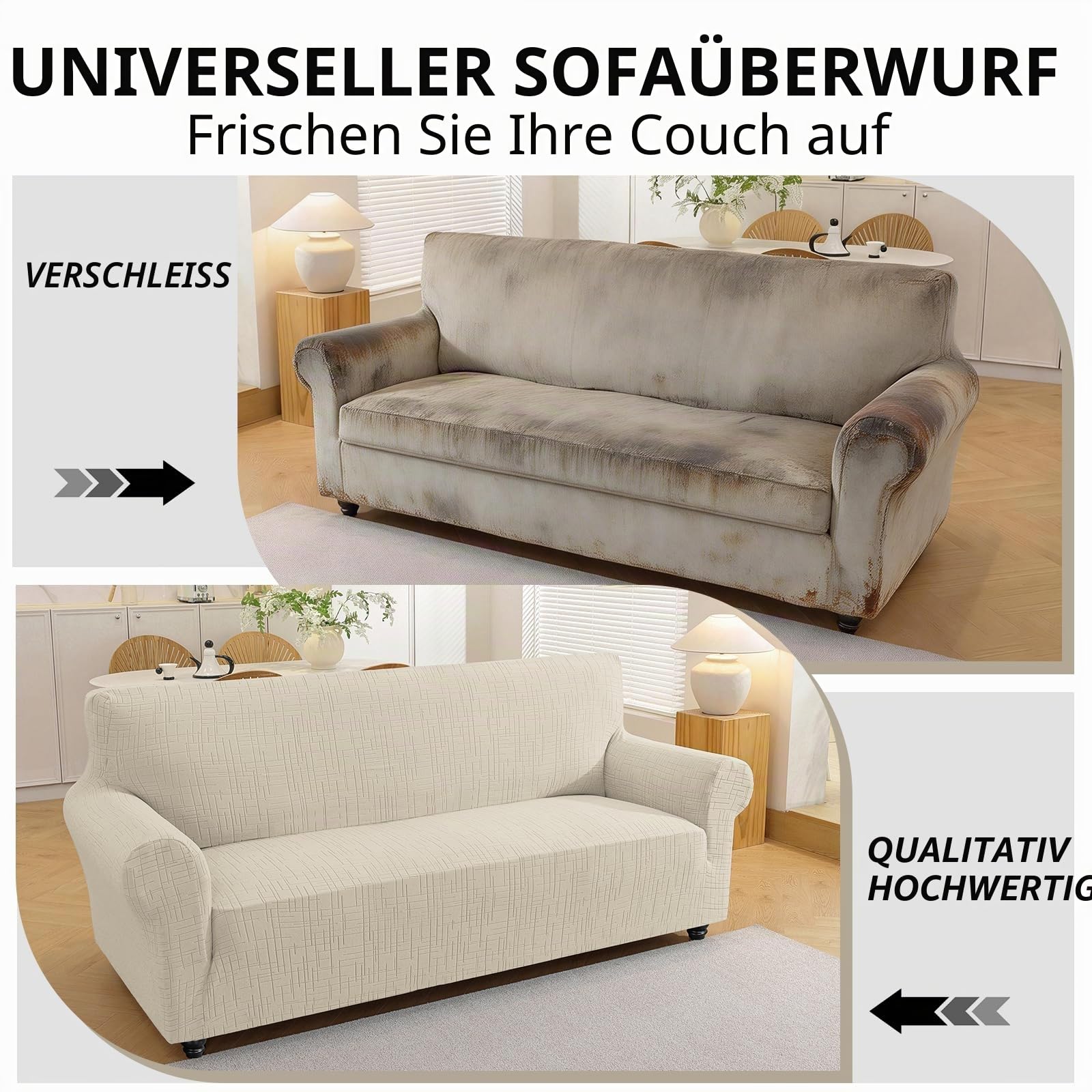 YSTELLAA Sofa Überzug 3 Sitzer Stretch, Kratzfester Sofabezug rutschfest Mit Armlehne, Universal Couch Überzug Dicke, Sofa Cover Waschbare, Für Wohnzimmer, Beige