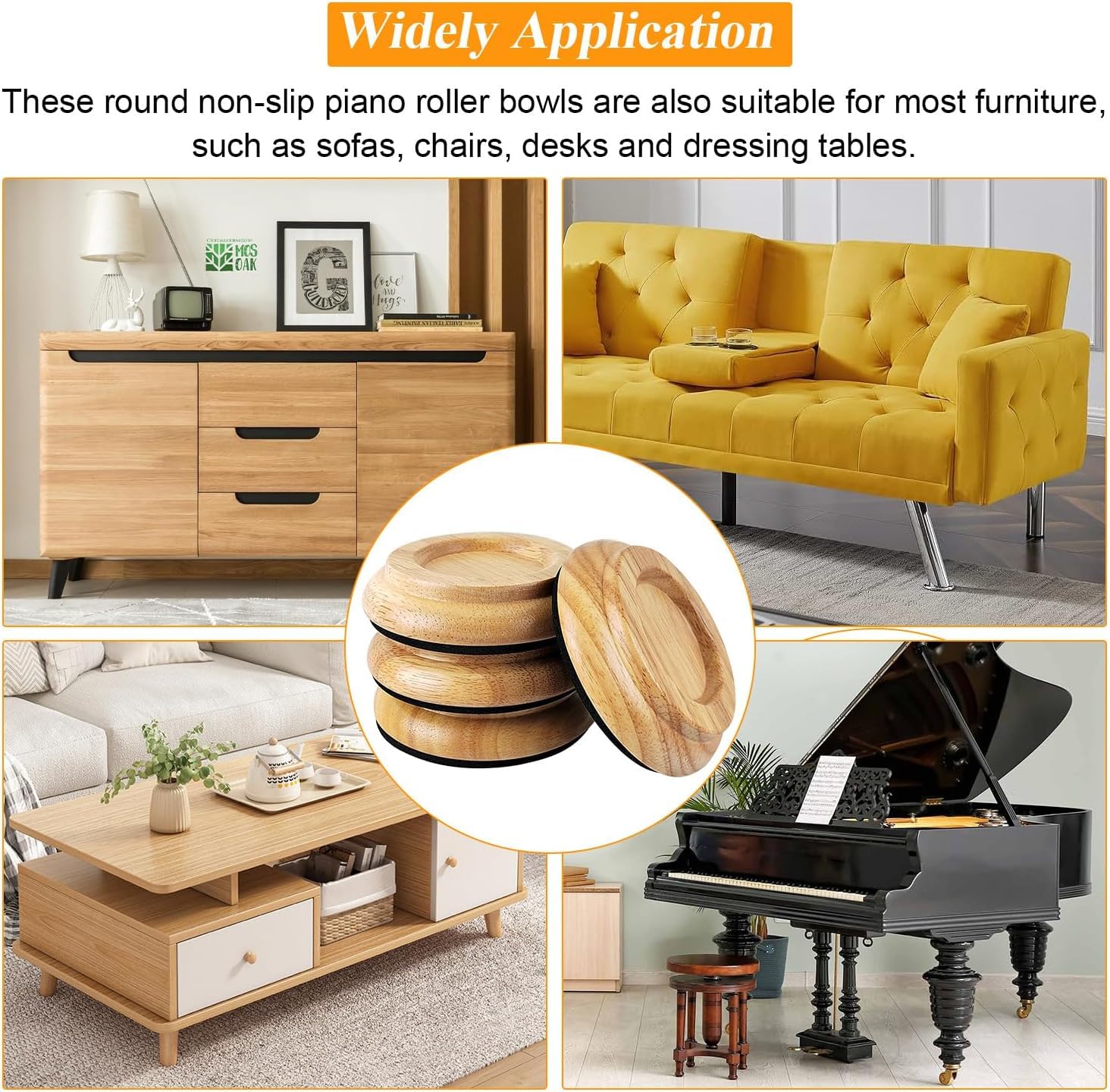 Tyenaza Rueda de Piano, 4 Piezas de Almohadillas de pie de Piano, Juego de Tazas de Ruedas de Piano de Madera de Haya Redonda, Tazas de Ruedas de Piano Antideslizantes